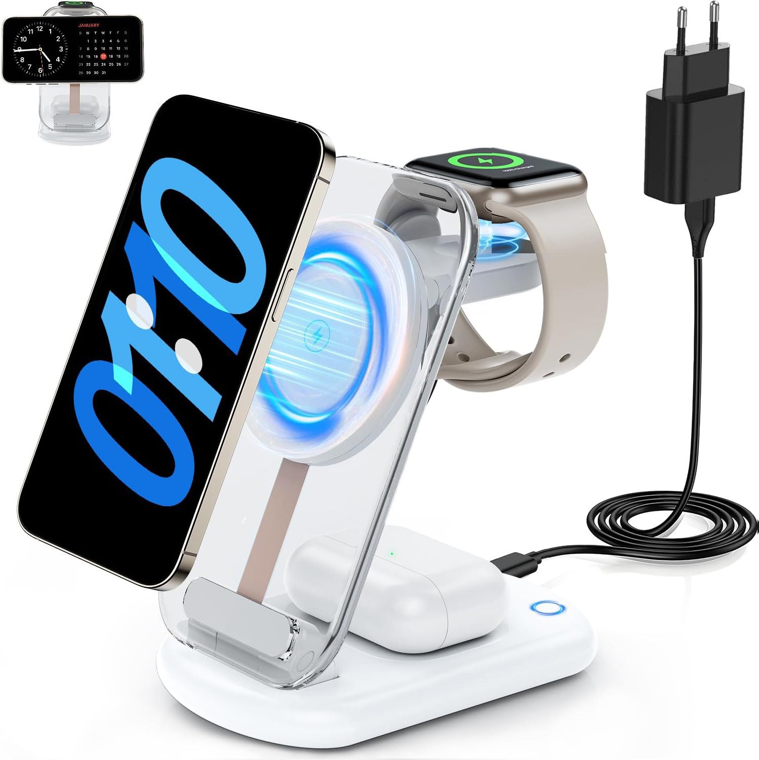 Futicare 3 in 1 Induktive Ladegerät, Wireless Charger Ladestation Wireless Charger (Induktions-Ladegerät, Magnetisches faltbares kabelloses Ladegerät mit Nachtlicht, für iPhone 12 bis 17, Apple Watch & AirPods)