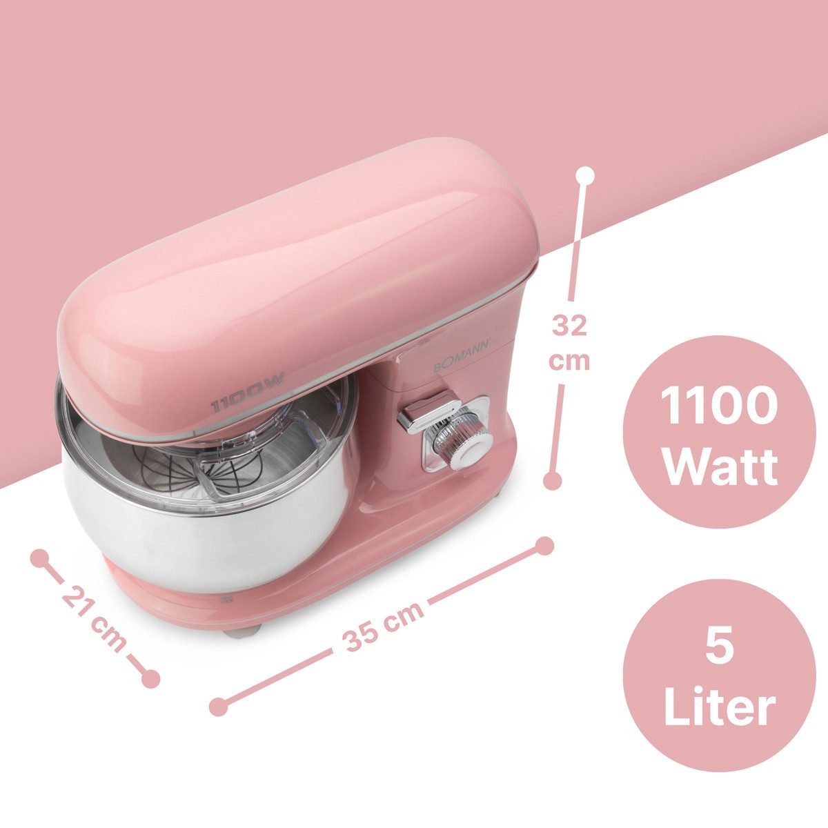 BOMANN Küchenmaschine KM 6030 CB pink, Küchenmaschine 1100 Watt, Knetmaschine 5 Liter