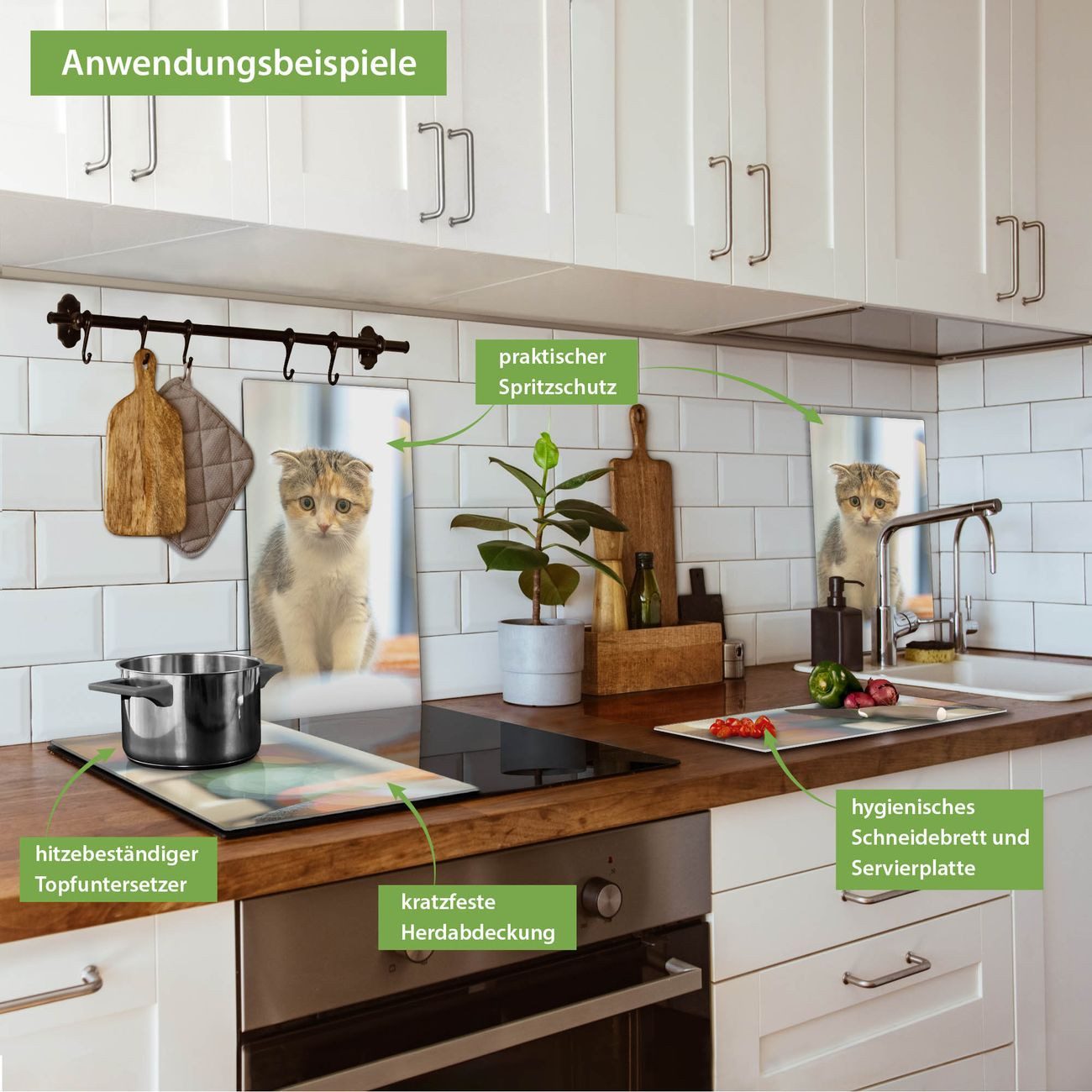 banjado Herd-Abdeckplatte zweiteilig aus Glas mit Motiv Kleine Katze, (gehärtet, 2 tlg., inkl. selbstklebende Gummifüßchen)