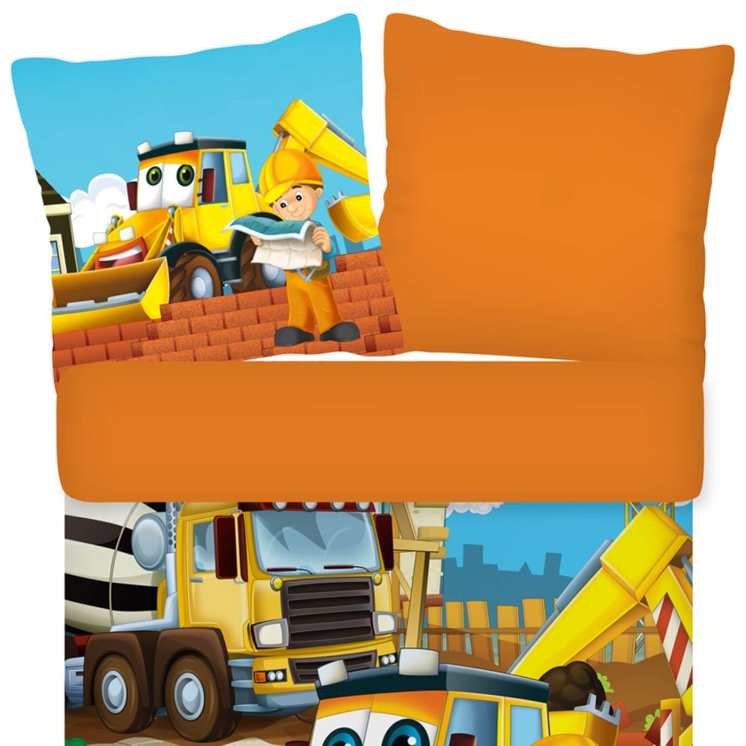 ESPiCO Kinderbettwäsche Baustelle Trendy Bedding, Renforcé, 2 teilig, Bauarbeiter, Bagger, Betonmischer