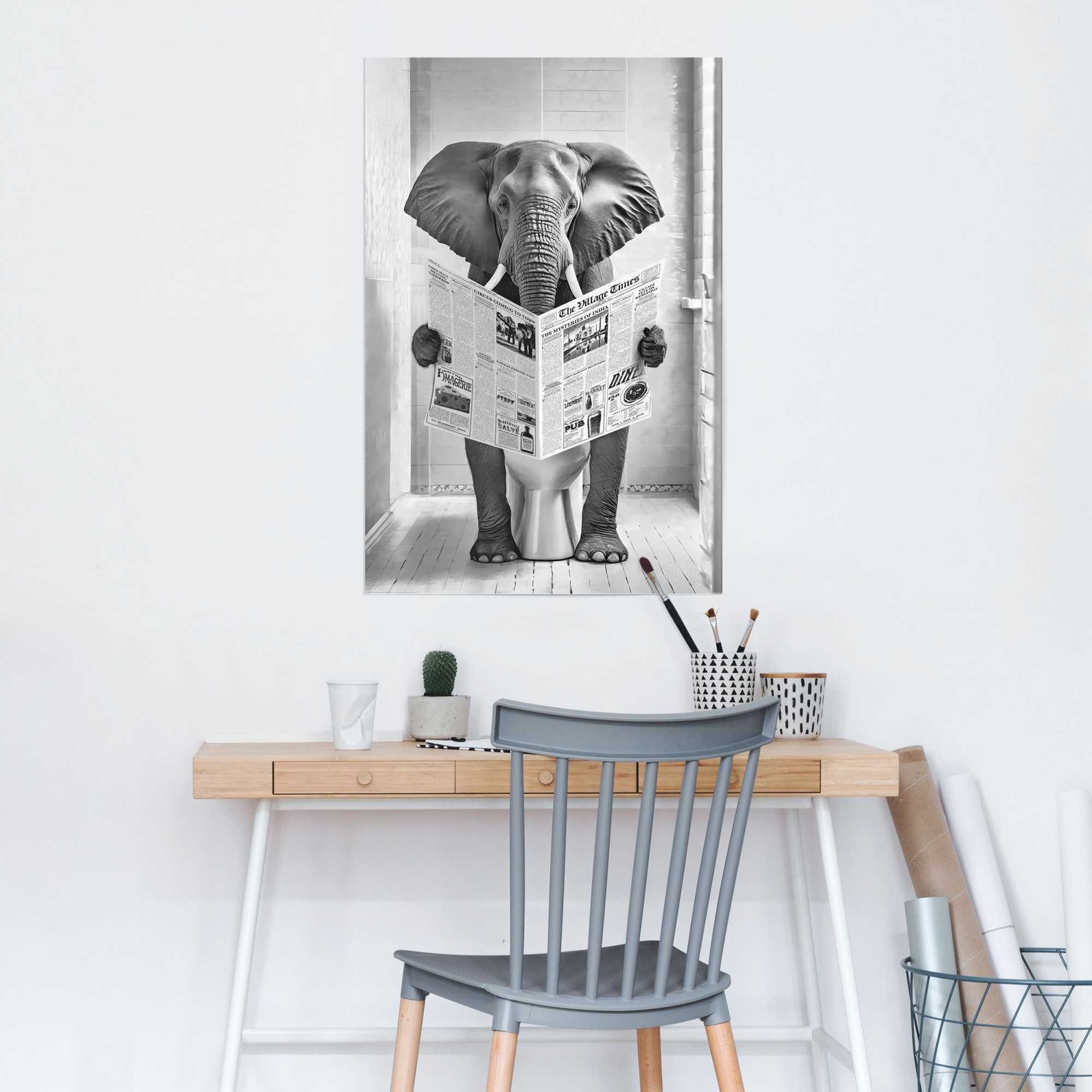 Reinders! Poster Elefant auf der Toilette, Toilette - Schwarz-Weiß - 150 gr. Papier - Tiere - 61x91,5 cm