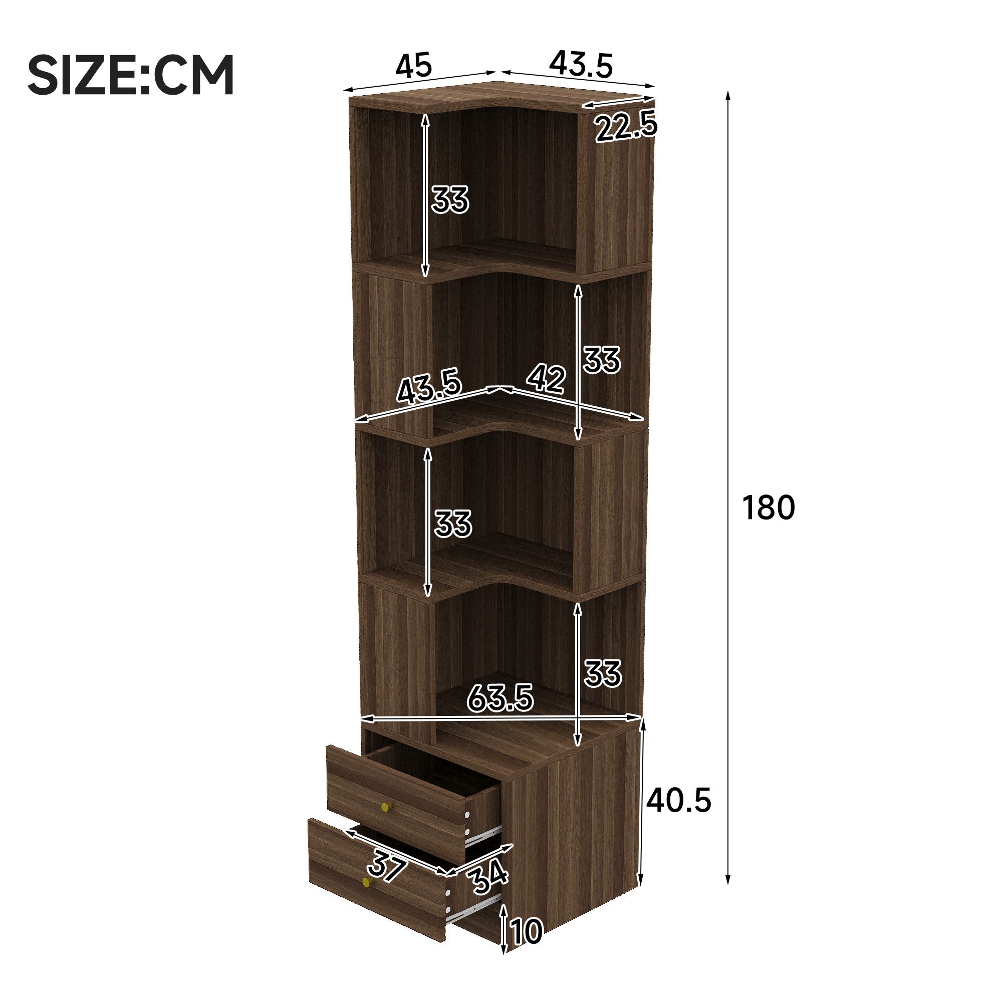 Celya Eckregal 45 x 43.5 x 180 cm, multifunktionales L-förmiges, mit großer Stauraum, 2 Schubladen, App-gesteuerte LED-Beleuchtung, mehrschichtiges Design, ideal für Wohnzimmer, Schlafzimmer, Arbeitszimmer oder Büro