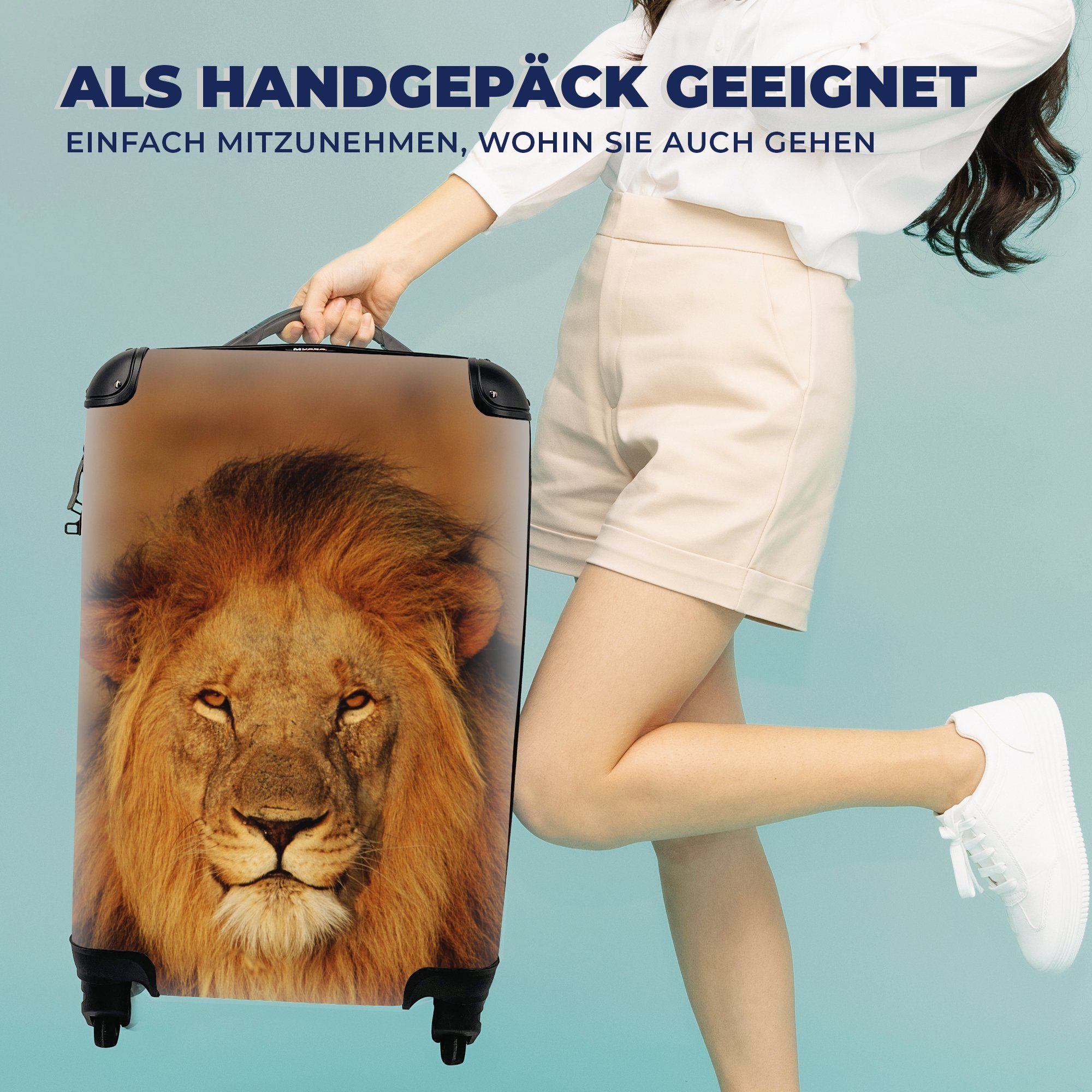 Rollen, Reisekoffer 4 rollen, - Löwe für - Handgepäckkoffer Porträt Handgepäck MuchoWow Reisetasche Ferien, Trolley, mit Jagd,