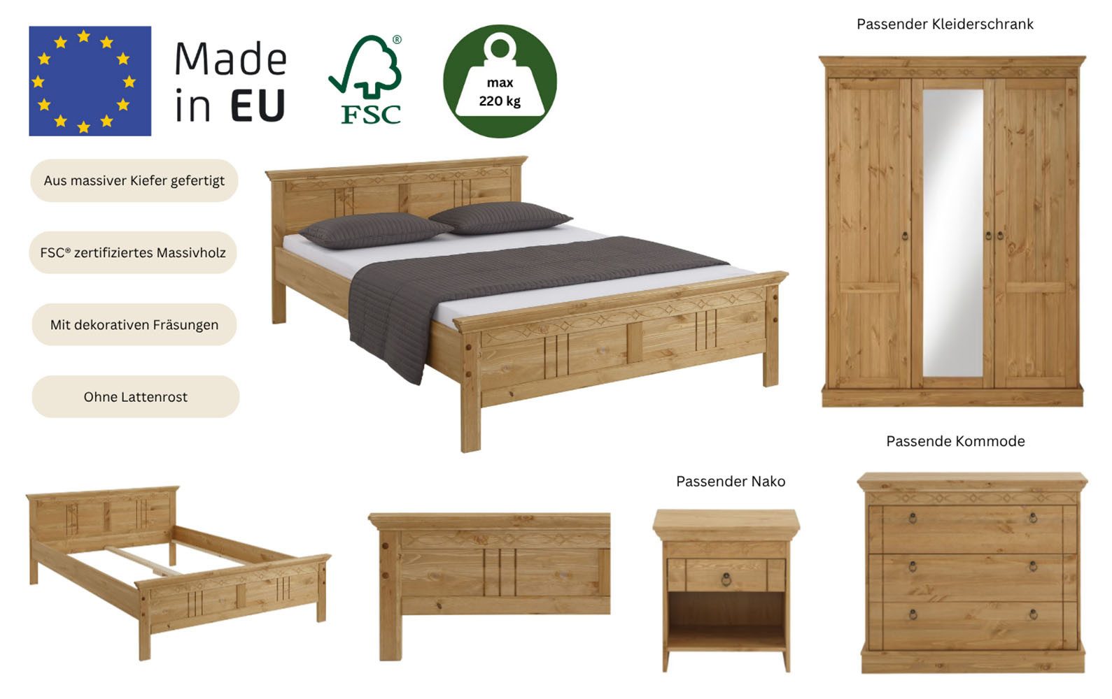 OTTO home Massivholzbett Indra, TOPSELLER, Landhausstil, edles Design,zertifiziertes Massivholz (Breite/Belastbarkeit 180cm/220 KG, 140cm/180 KG, 90cm/120 KG), mit Kopfteil, mit dekorativen Fräsungen, aus Kiefer