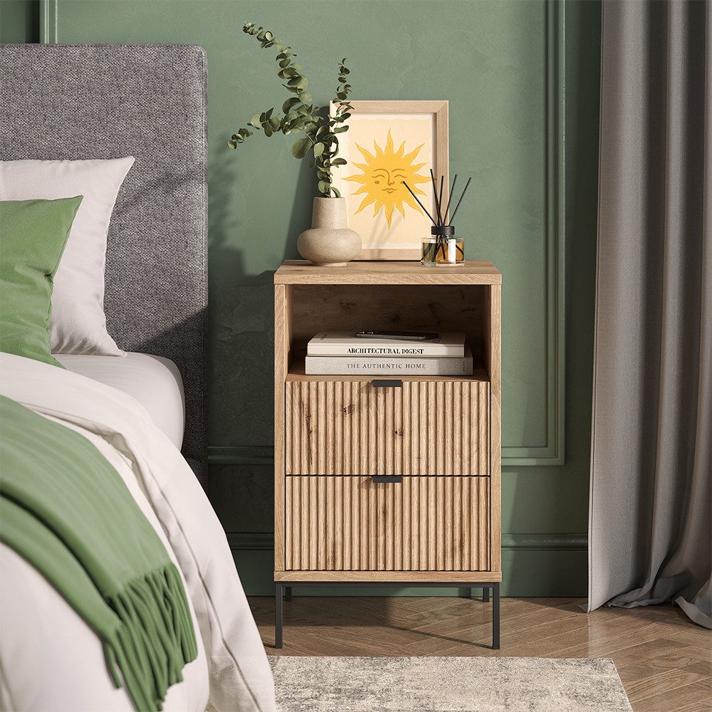 Nachtschrank Eliza, Viking Oak/Schwarz, 40 x 66 cm mit 2 Schubladen & 1 Fach