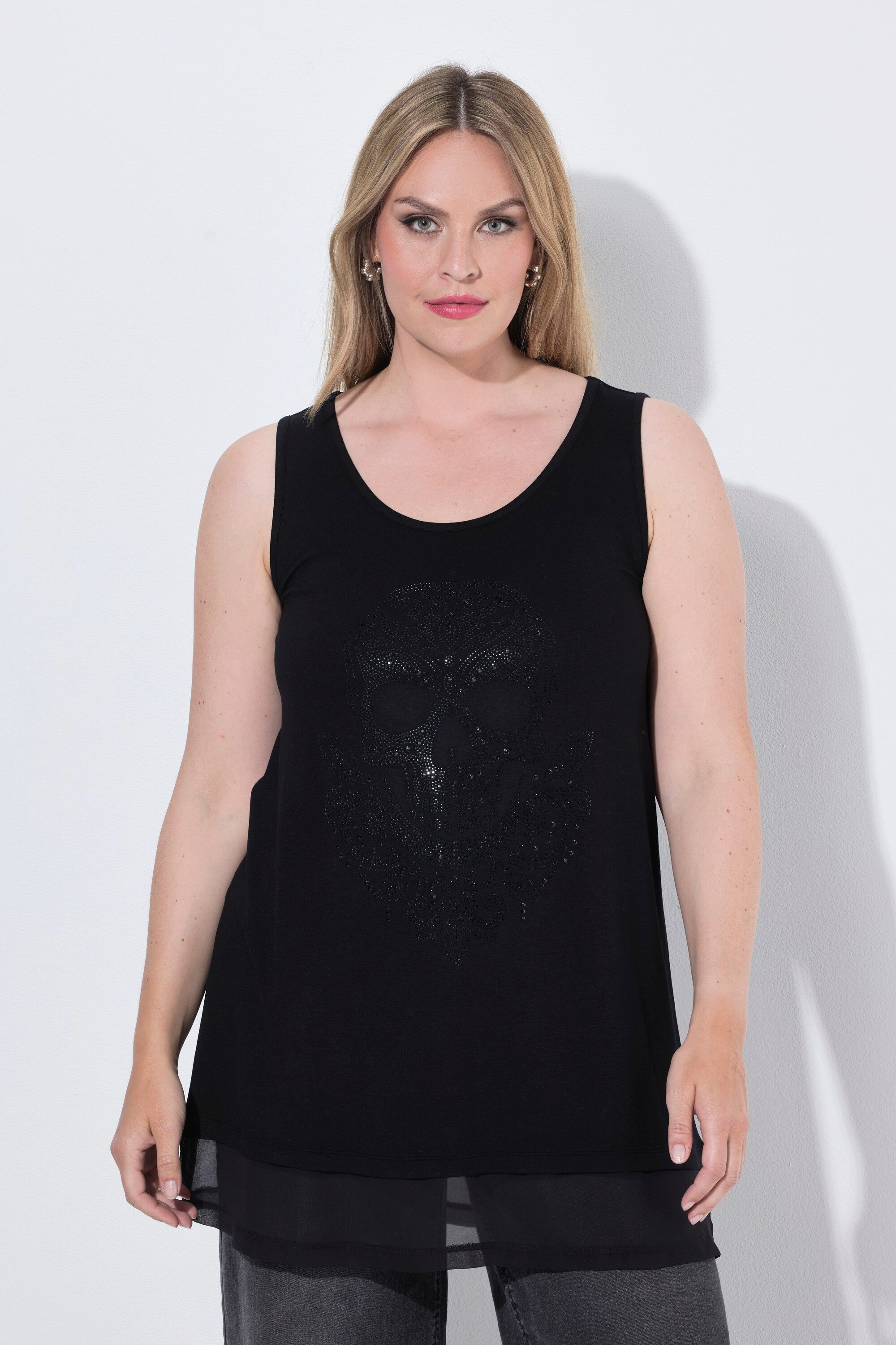 MIAMODA Longshirt Tanktop A-Linie Glitzer-Totenkopf Chiffon-Saum
