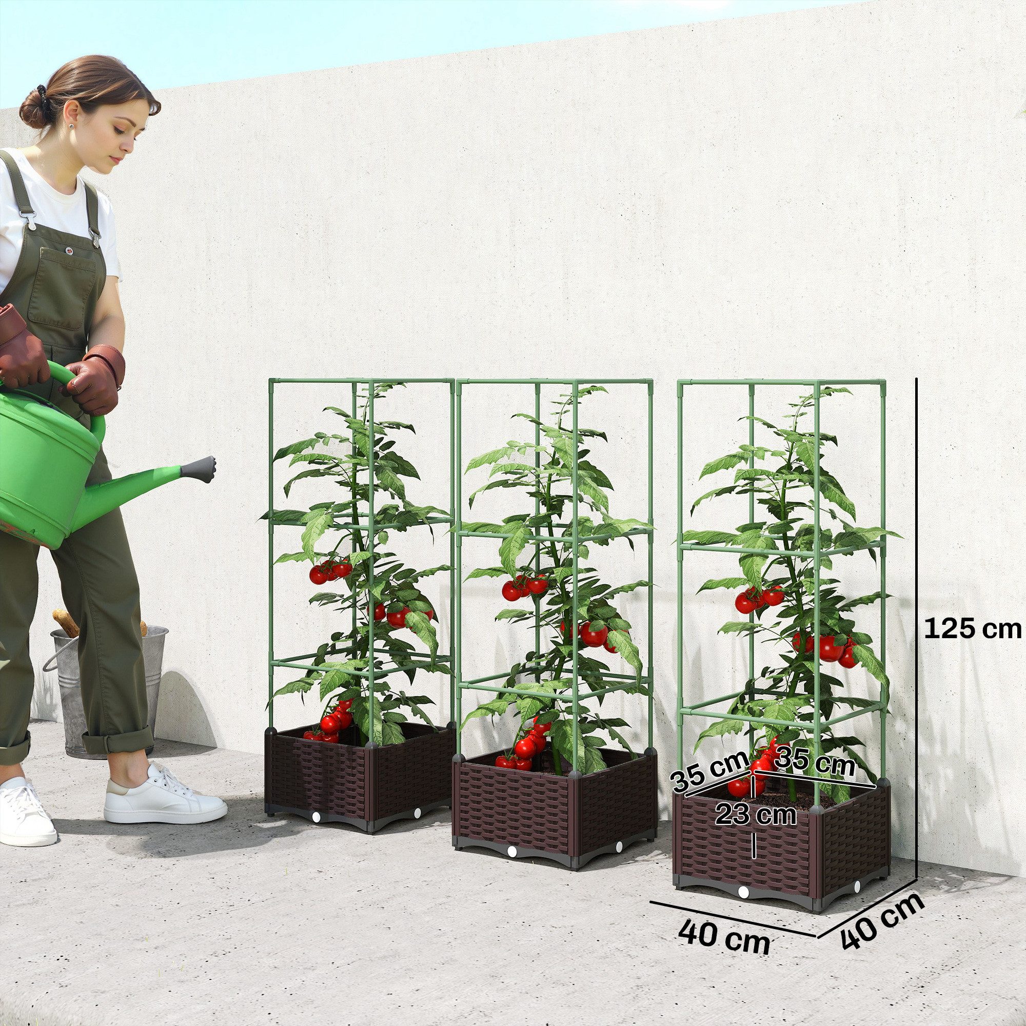 Outsunny Hochbeet mit Rankgitter, Abflusslöchern (Blumenkasten, 3 St., Pflanzkasten), für Kletterpflanzen Garten, Balkon, 40 x 40 x 125 cm