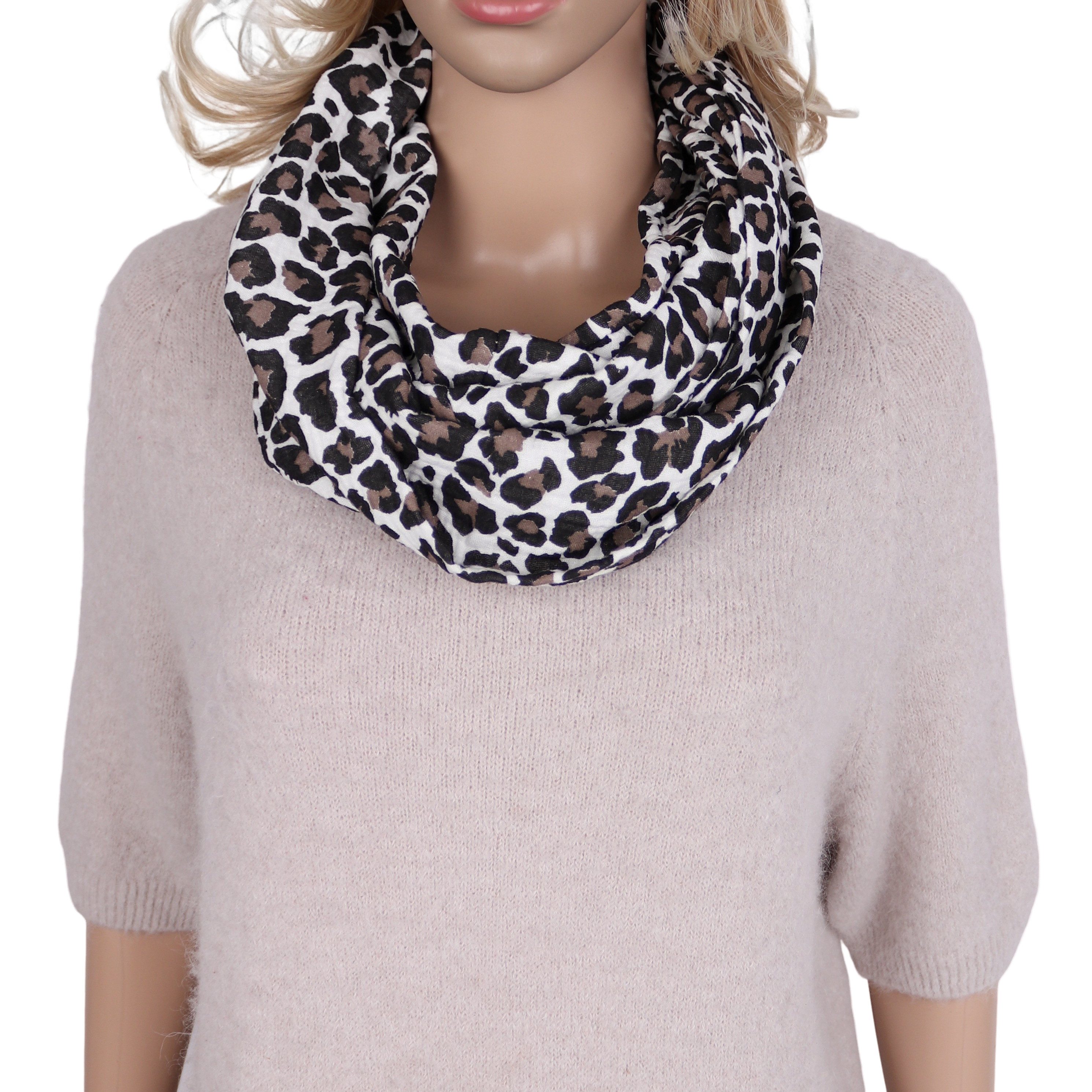 MIRROSI Loop Damen Schal aus Musellin, Made in Italy 70x20cm, Leo, Schlauchschal, (Zweimal um den Hals wickelbar, ca.70x20cm), Damen Halstuch ideal für Frühling, Sommer oder Herbst