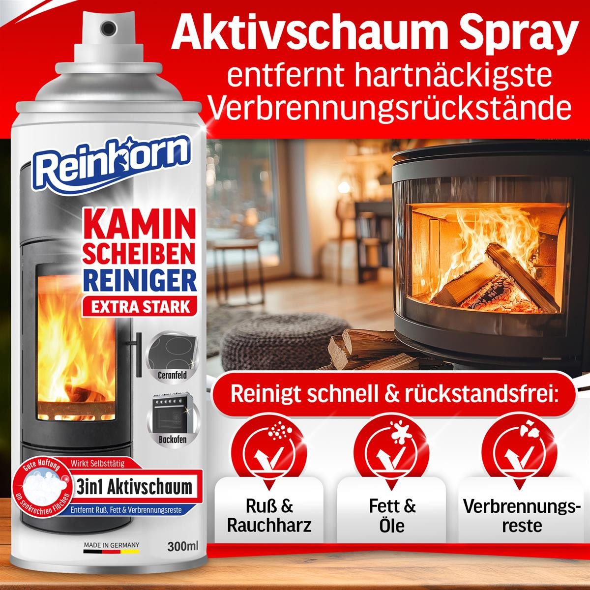 Reinhorn Kaminscheibenreiniger Glasreiniger Aktiv Schaum extra stark 300 ml Scheibenreiniger (EXTRA STARK, [- Aktiv Schaum Spray gegen Ruß Fett Verbrennungsreste)
