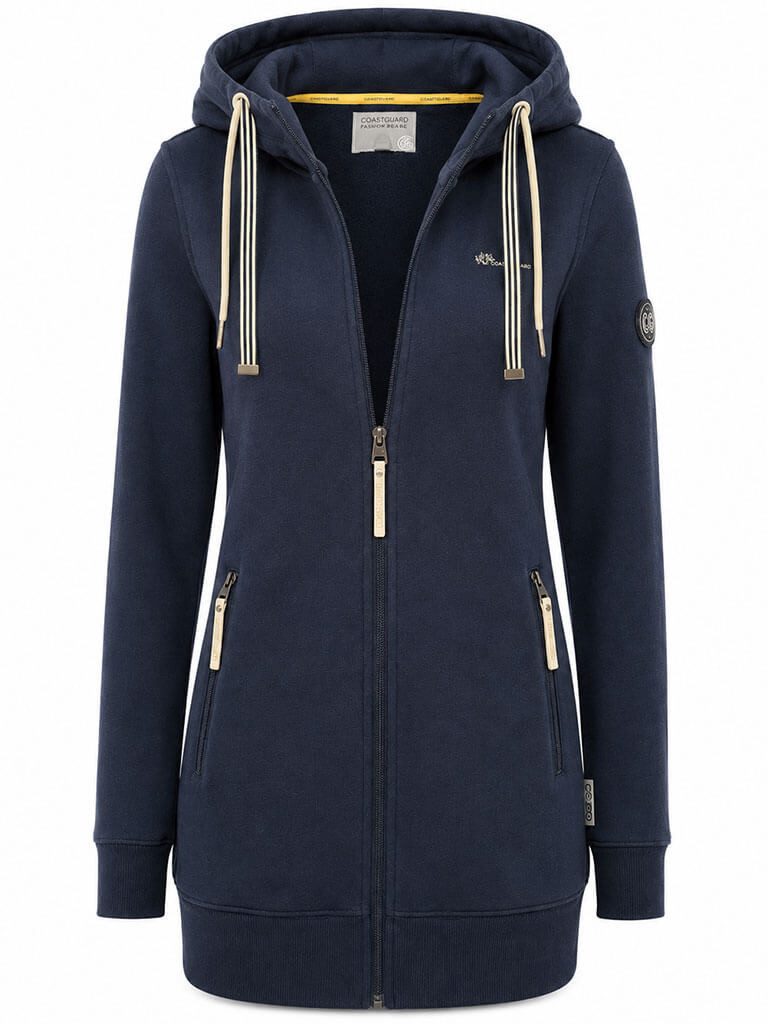 Coastguard Kapuzensweatjacke Damen Sweatjacke mit Kapuze - Weiche Kapuzenjacke Übergangsjacke Längere Form, Zwei Kordelarten in Kontrastfarbe, Reißverschlusstaschen