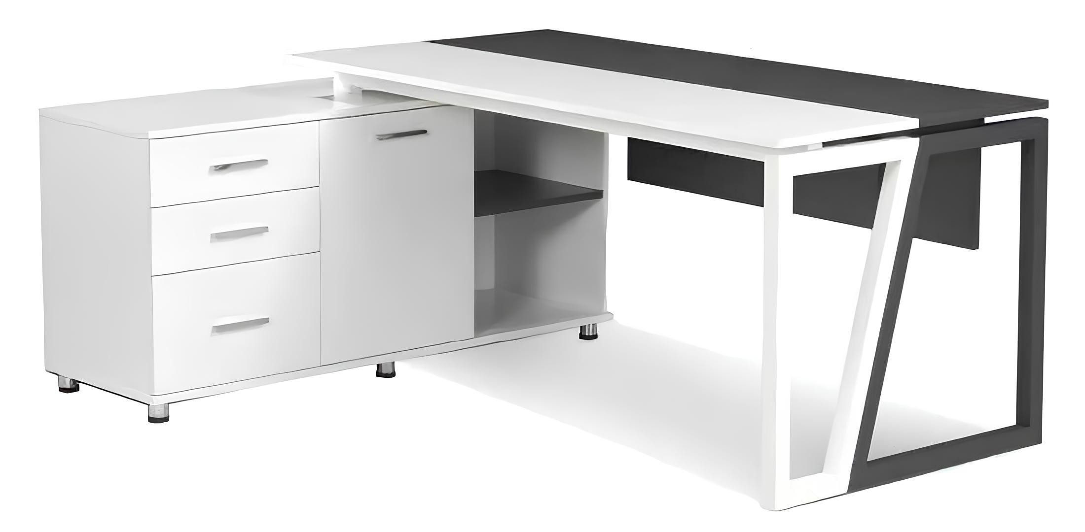 Eckschreibtisch Schreibtisch aus Holz mit Stauraum und Regal in Weiß und Grau