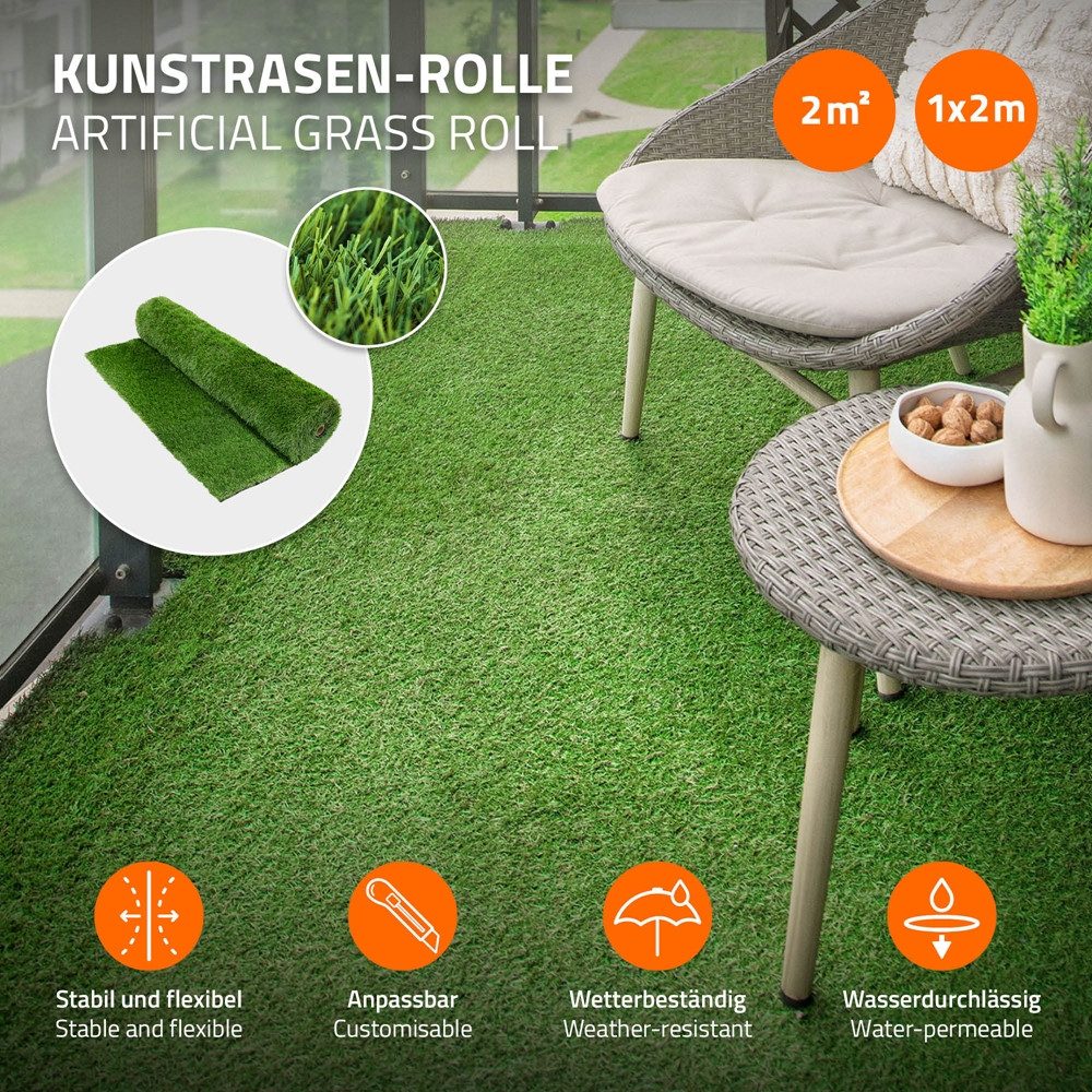 ECD Germany Kunstrasen Rasenteppich Kunstrasen-Rolle Grasmatte Meterware Kunstgras Wetterfest, Höhe: 37.0 mm, 100x200 cm 2m² 35mm Outdoor UV-beständig für Balkon Terrasse & Garten