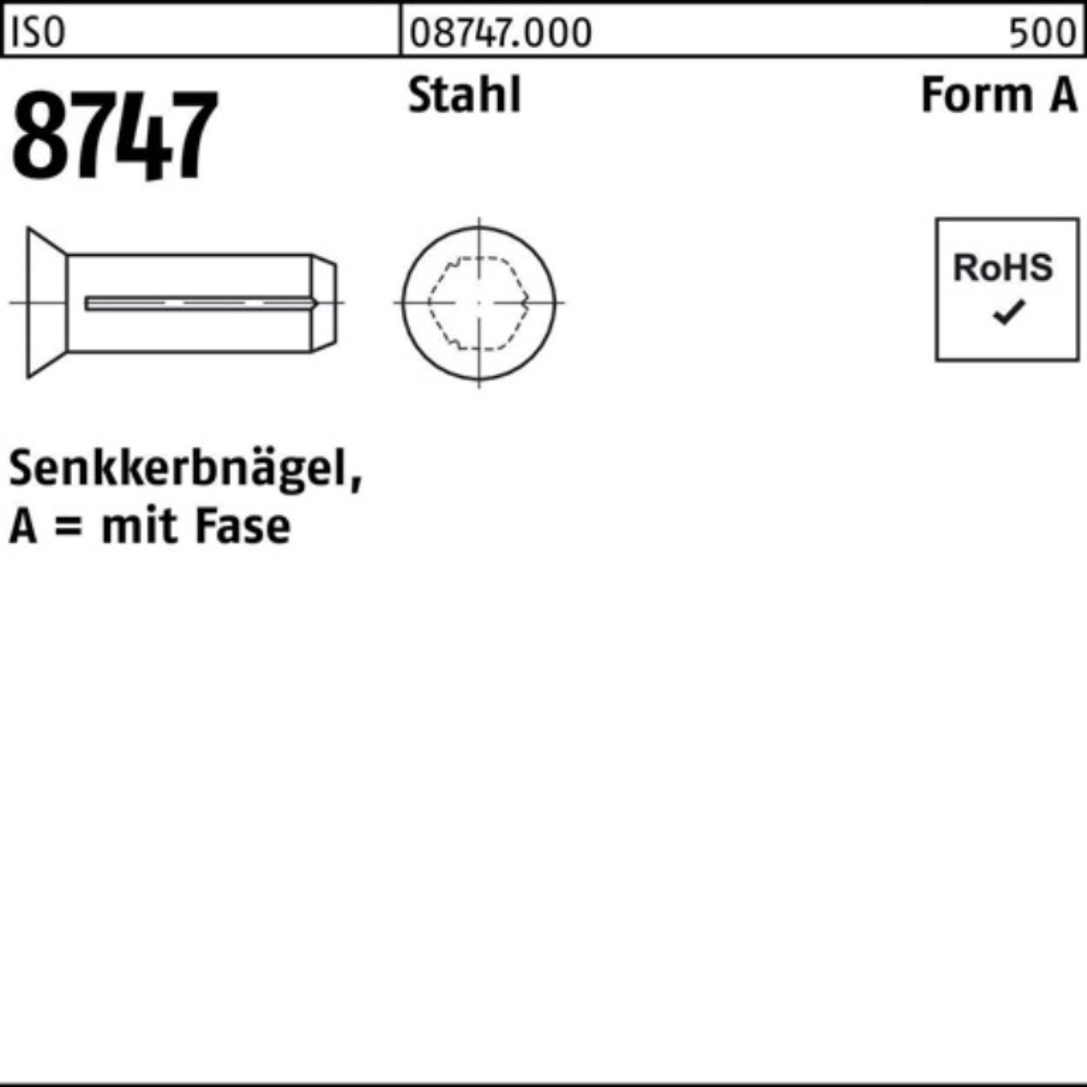 Reyher Nagel 500er Pack Senkkerbnagel ISO 8747 Fase 4x 12 Stahl 500 Stück ISO 8747