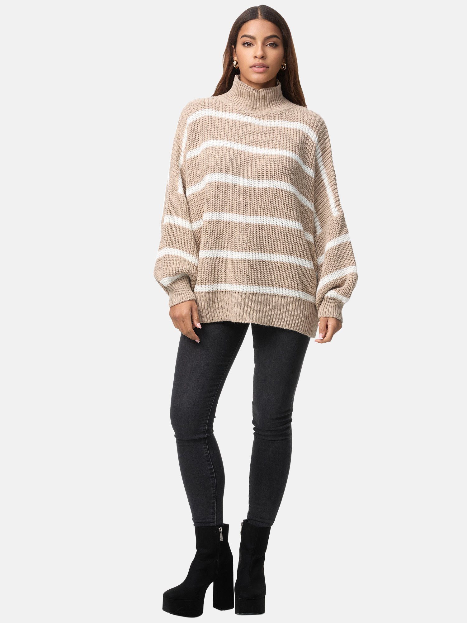 Elara 2133 Damen (1-tlg) Gestreift Beige Strickpullover White Elara Strickpullover