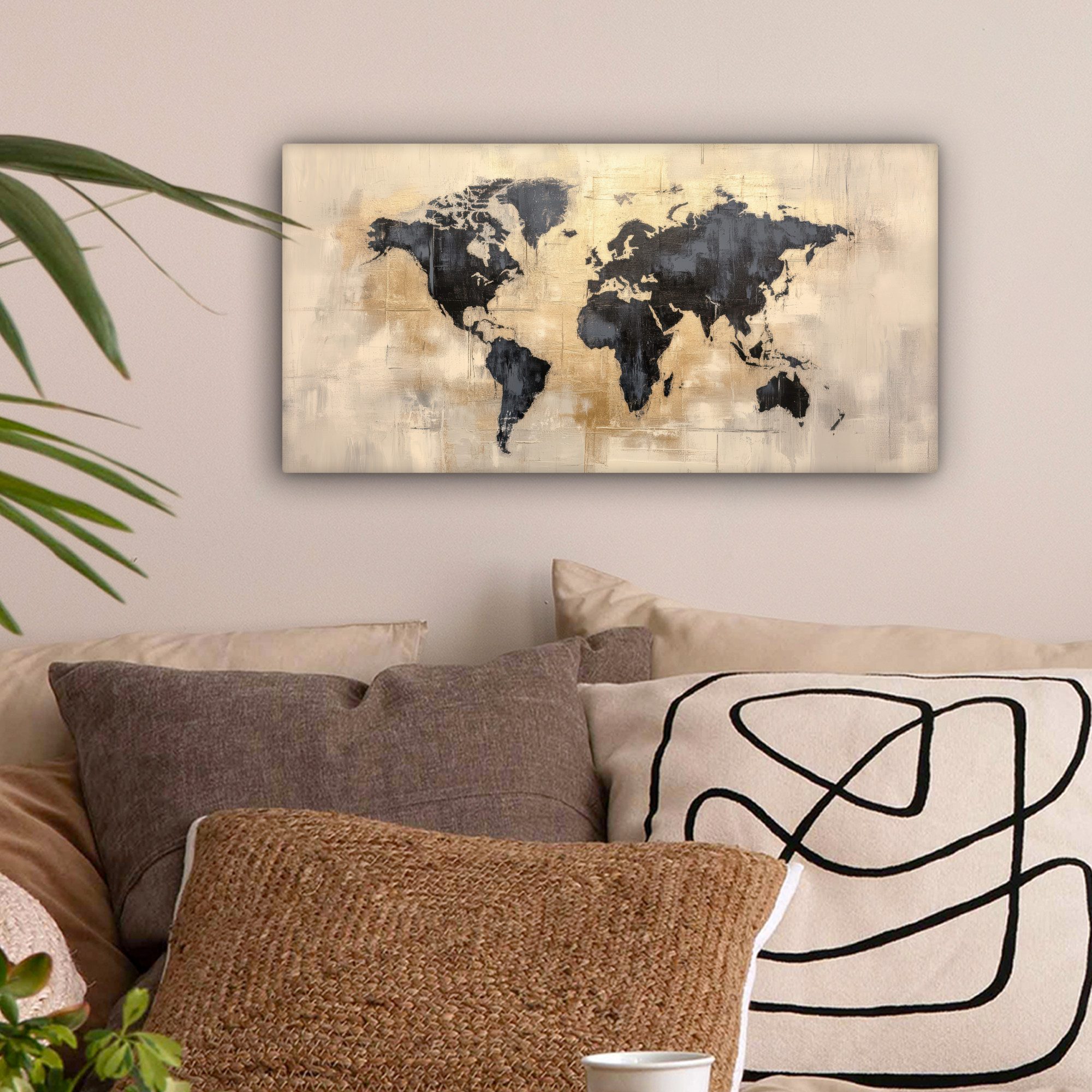 OneMillionCanvasses® Leinwandbild Panorama Weltkarte - Gold - Schwarz - Abstrakt, Fotodruck (1 St), Wandbild, Deko Schlafzimmer Wohnzimmer Flur 40x20 cm