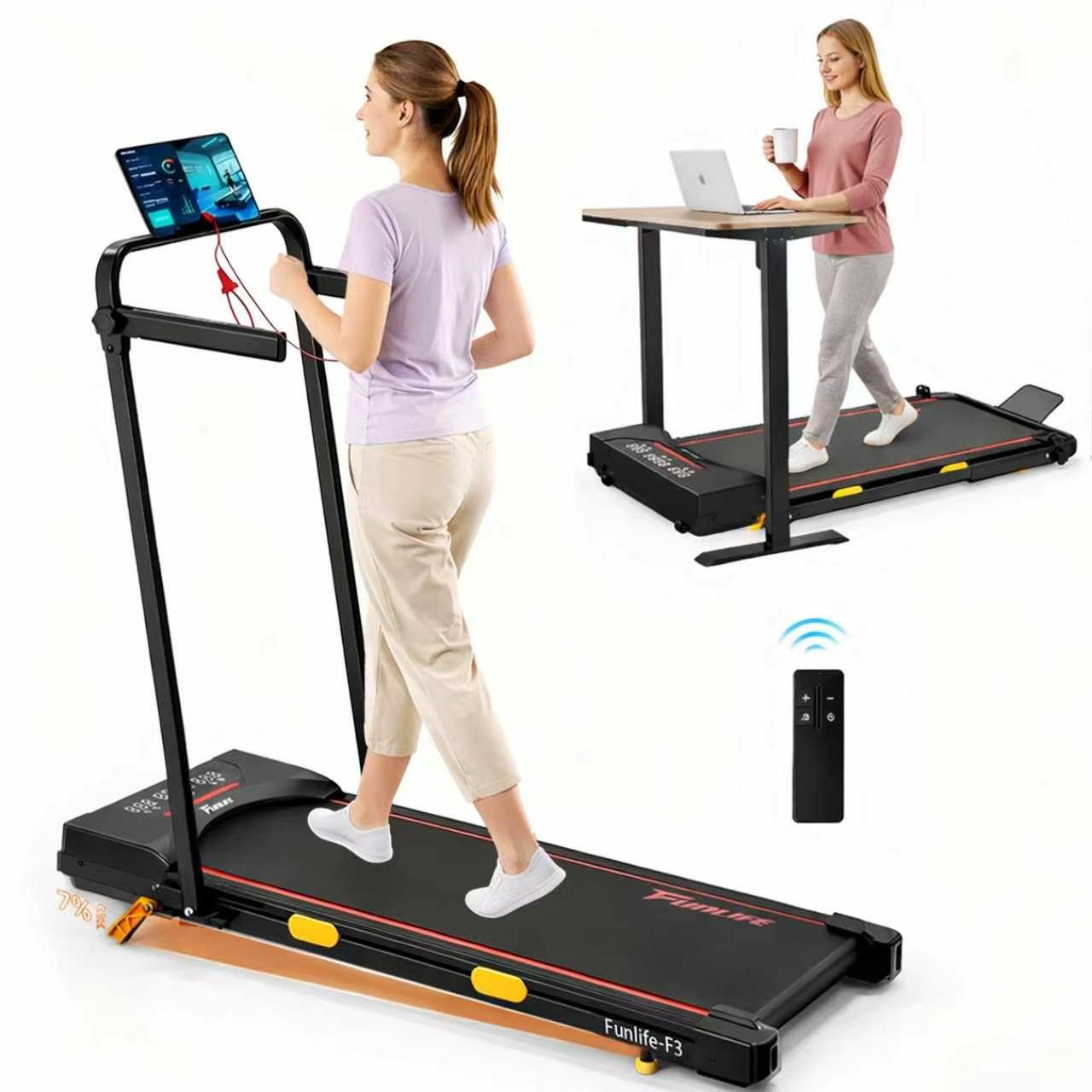 FunLife Laufband 4-in-1 Walking Pad mit Brushless-Motor (Einzelgerät, mit Fernbedienung, Sicherheitsschlüssel und Halterung), 7 % Steigung, extra leise, seniorenfreundlich
