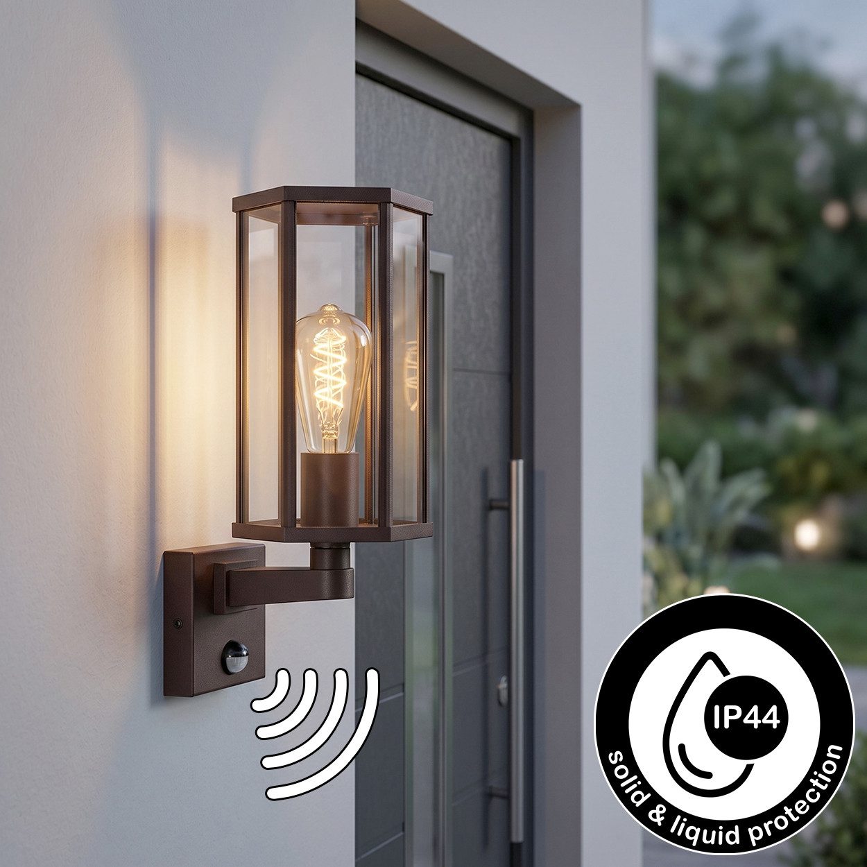hofstein Außen-Wandleuchte Außenwandlampe mit Bewegungsmelder aus Metall/Glas in Schwarz/Klar, ohne Leuchtmittel, Wandleuchte außen aufwärts im modernen Retro/Vintage-Design, E27, IP44
