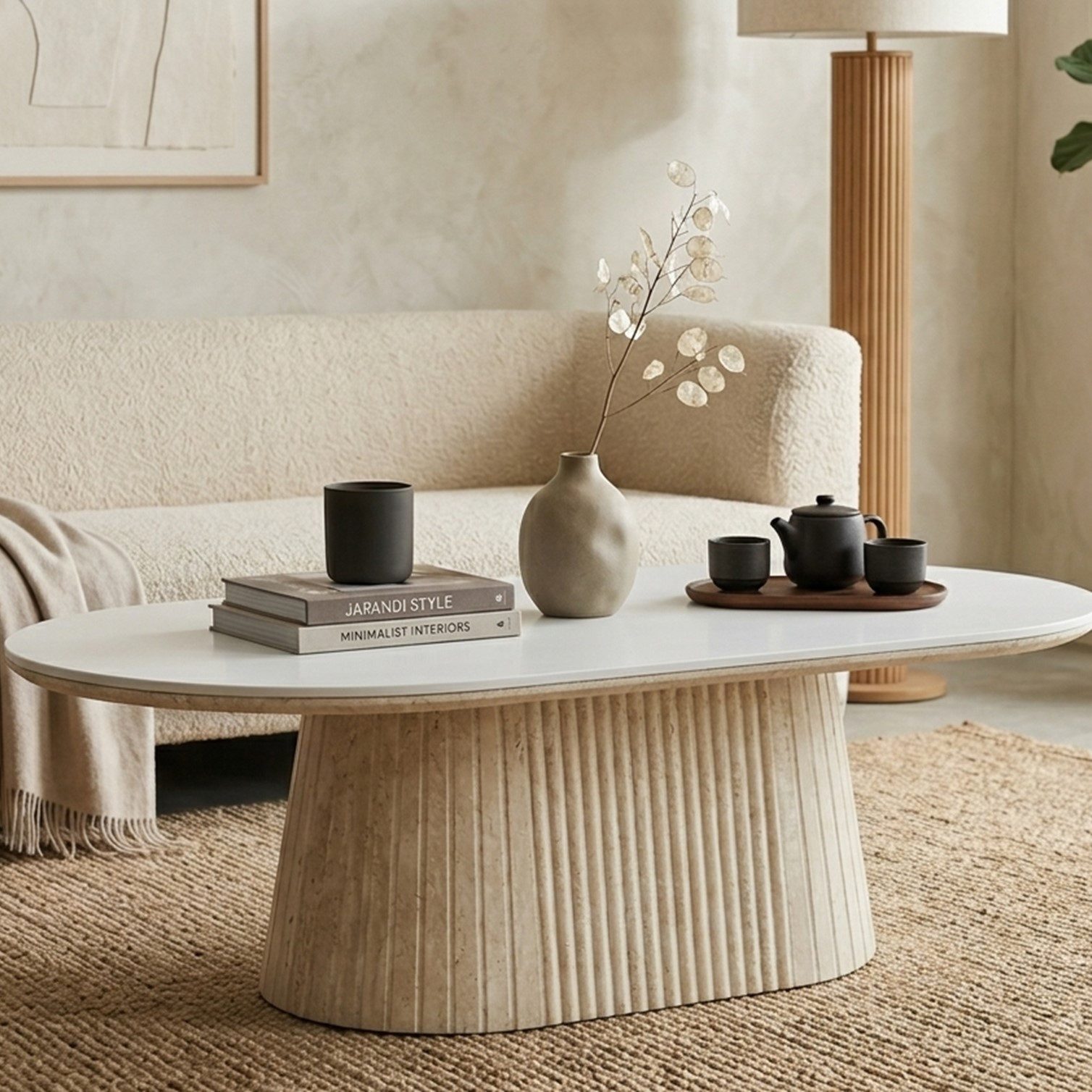 HOOZ Wohnzimmertisch Couchtisch oval modern, Säulenfuß inkl. Keramikplatte 130x70 cm Kalk (Einzelprodukt, 1× Couchtisch), Keramik-Tischplatte, verschiedene Varianten, pflegeleicht & stabil