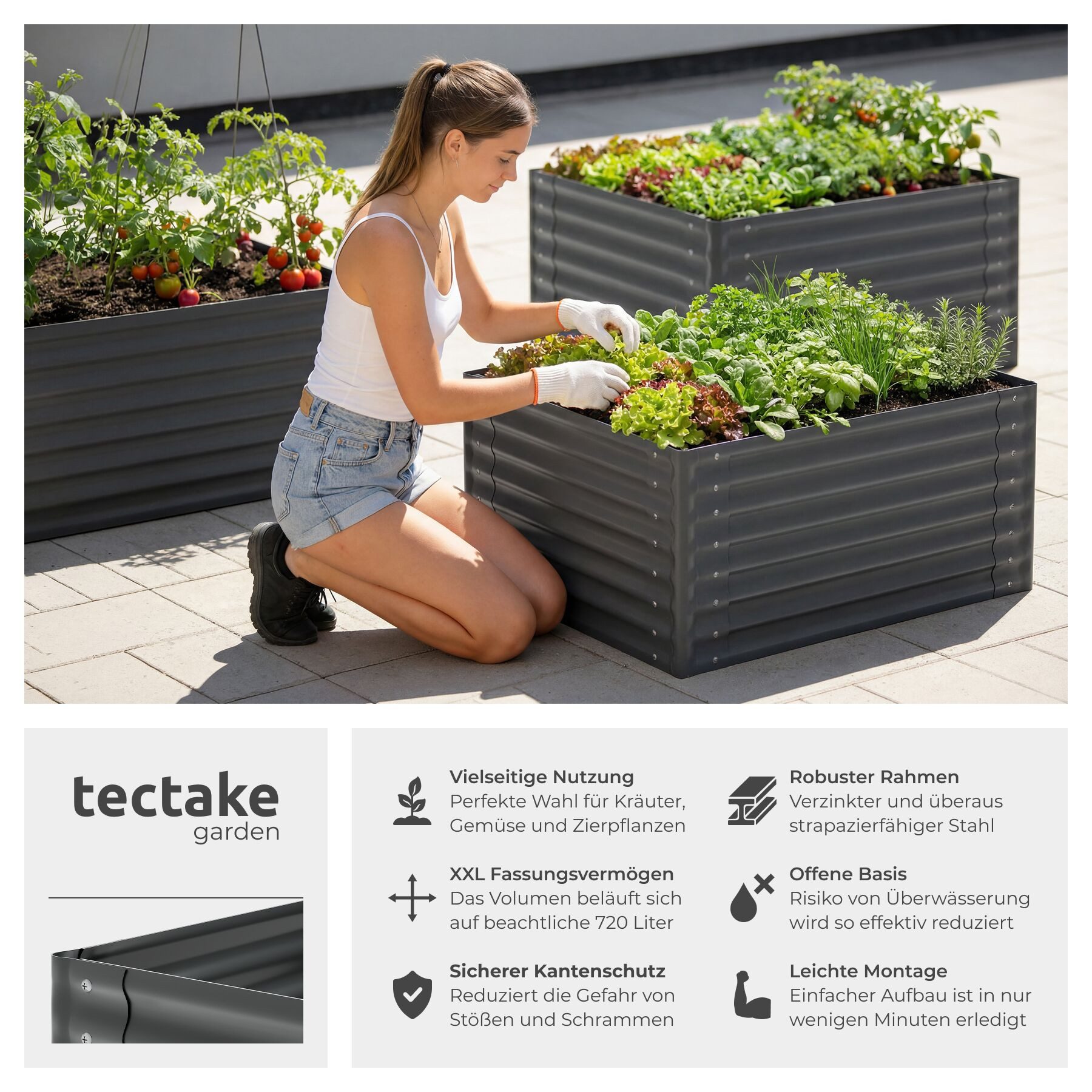 tectake Hochbeet Pflanzbeet 100 x 100 x 62 cm aus verzinktem Stahl, abgerundete (Gartenbeet Blomma, in Anthrazit), Inkl. Handschuhe, 600 l Fassungsvermögen, wit – Bild 2 von 5