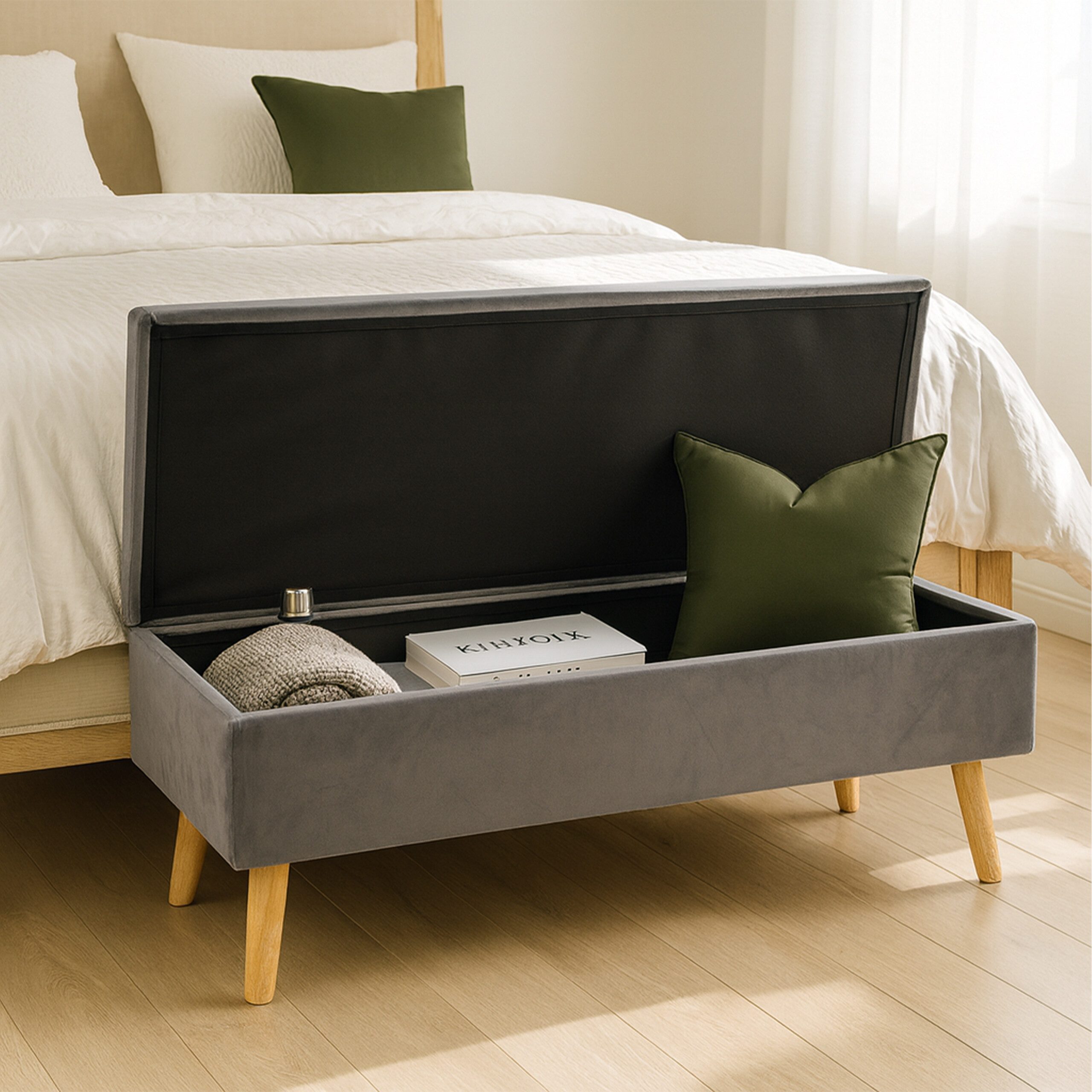 relaxdays Truhenbank Sitzbank Samt mit Stauraum, Dunkelgrau