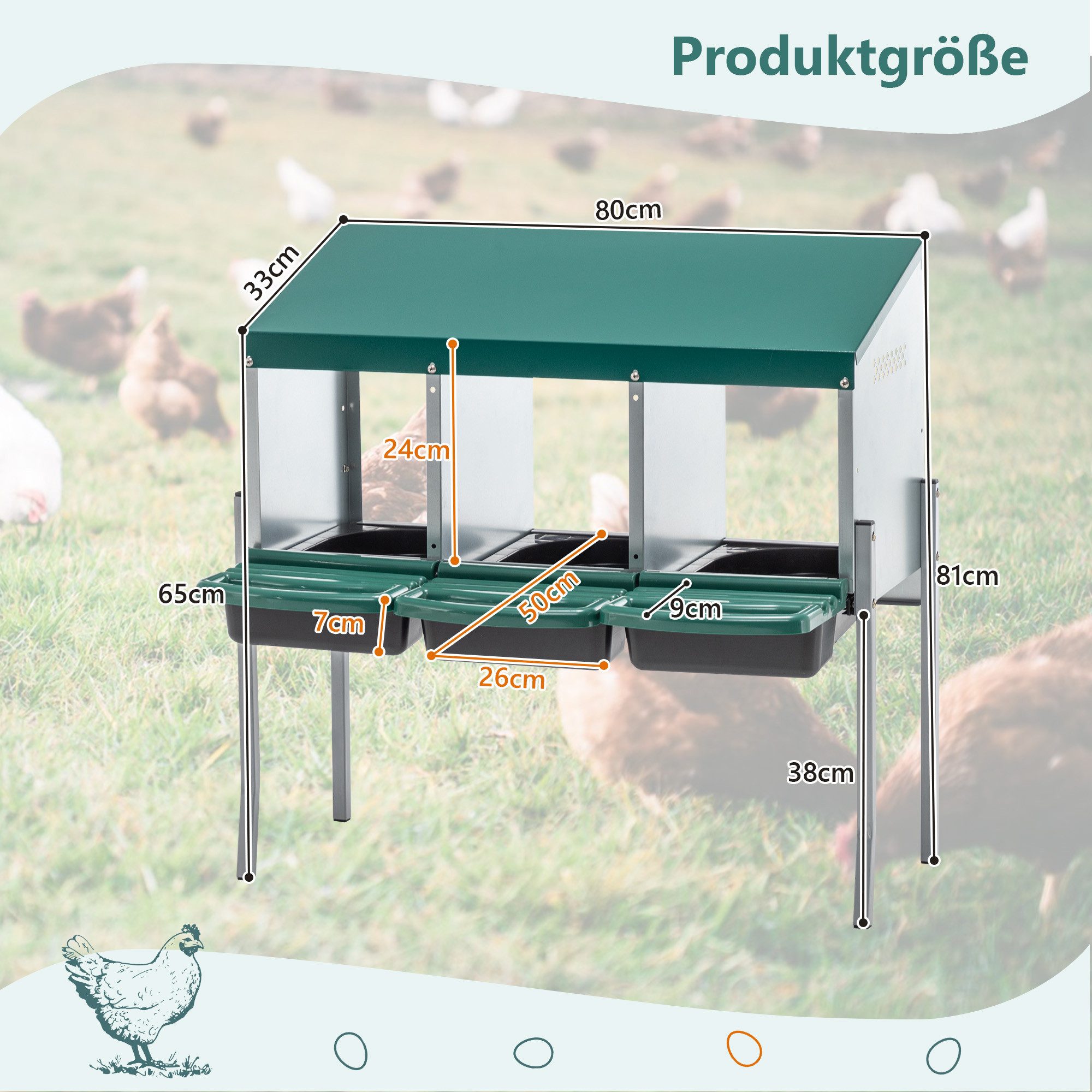 kowdom Hühnerstall Hühnernistkästen verzinkter Stahl, 3/4 Nester, mit Beinen, grün, Hühnernistkasten, Eierschutz-Design, zentrale Eiersammlung