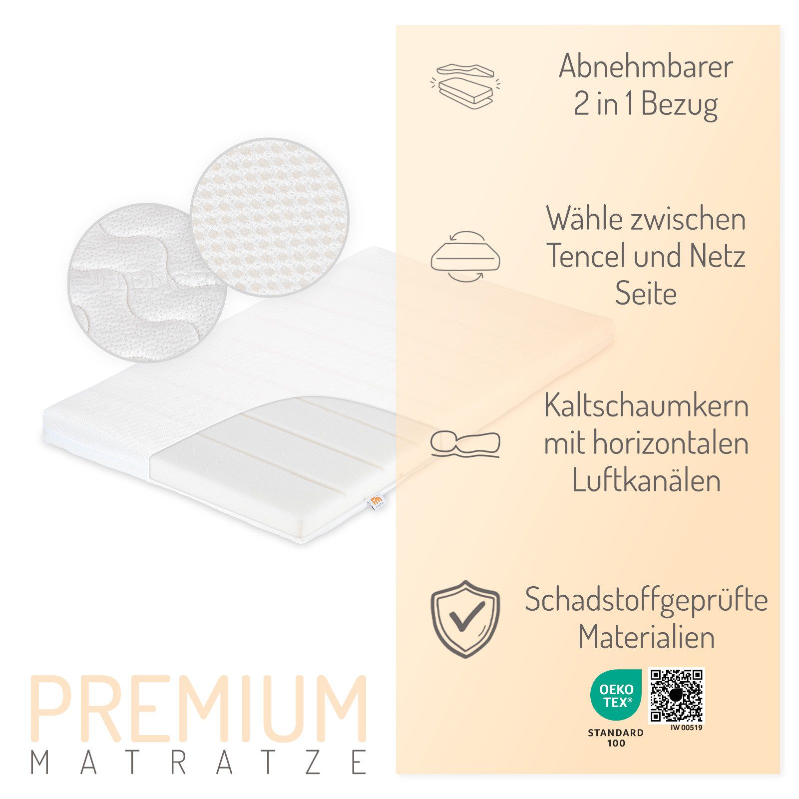 Babymatratze für Beistellbett und Wiege 90x55 cm, FabiMax, 5 cm hoch