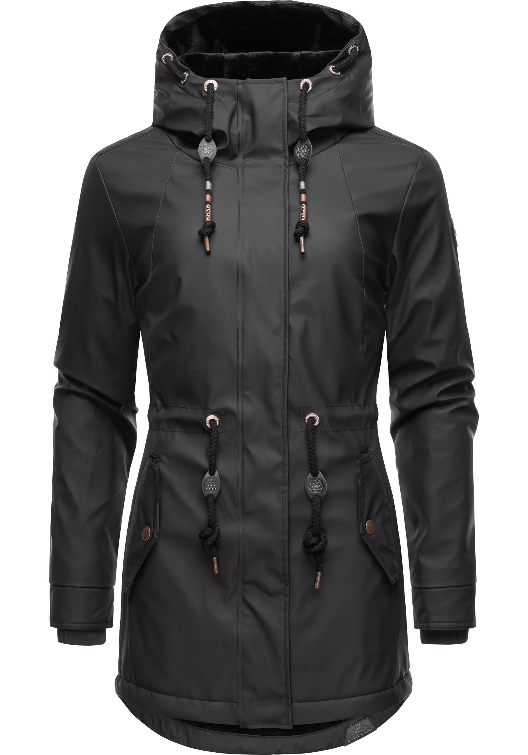 mit Regenmantel Intl. Monadis Regenparka schwarz modischer Innenfutter Ragwear Rainy kuschligem