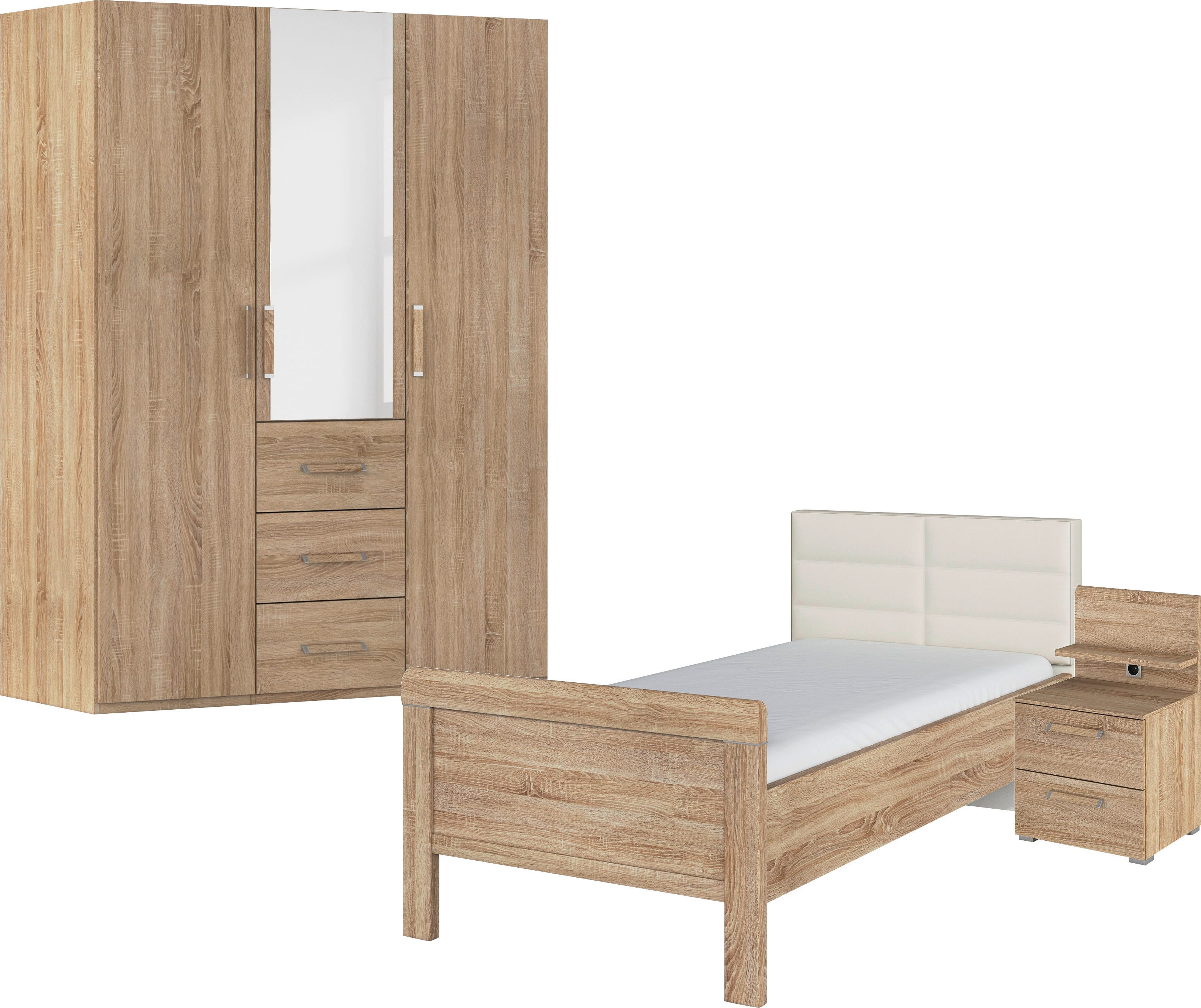 rauch Schlafzimmer-Set Komplettschlafzimmer Schlafzimmer EVELYN, (Set, 3-tlg., inkl. SOFT-CLOSE-FUNKTION), Schrank und Bett in 2 Breiten, Nachttisch mit Paneel MADE IN GERMANY