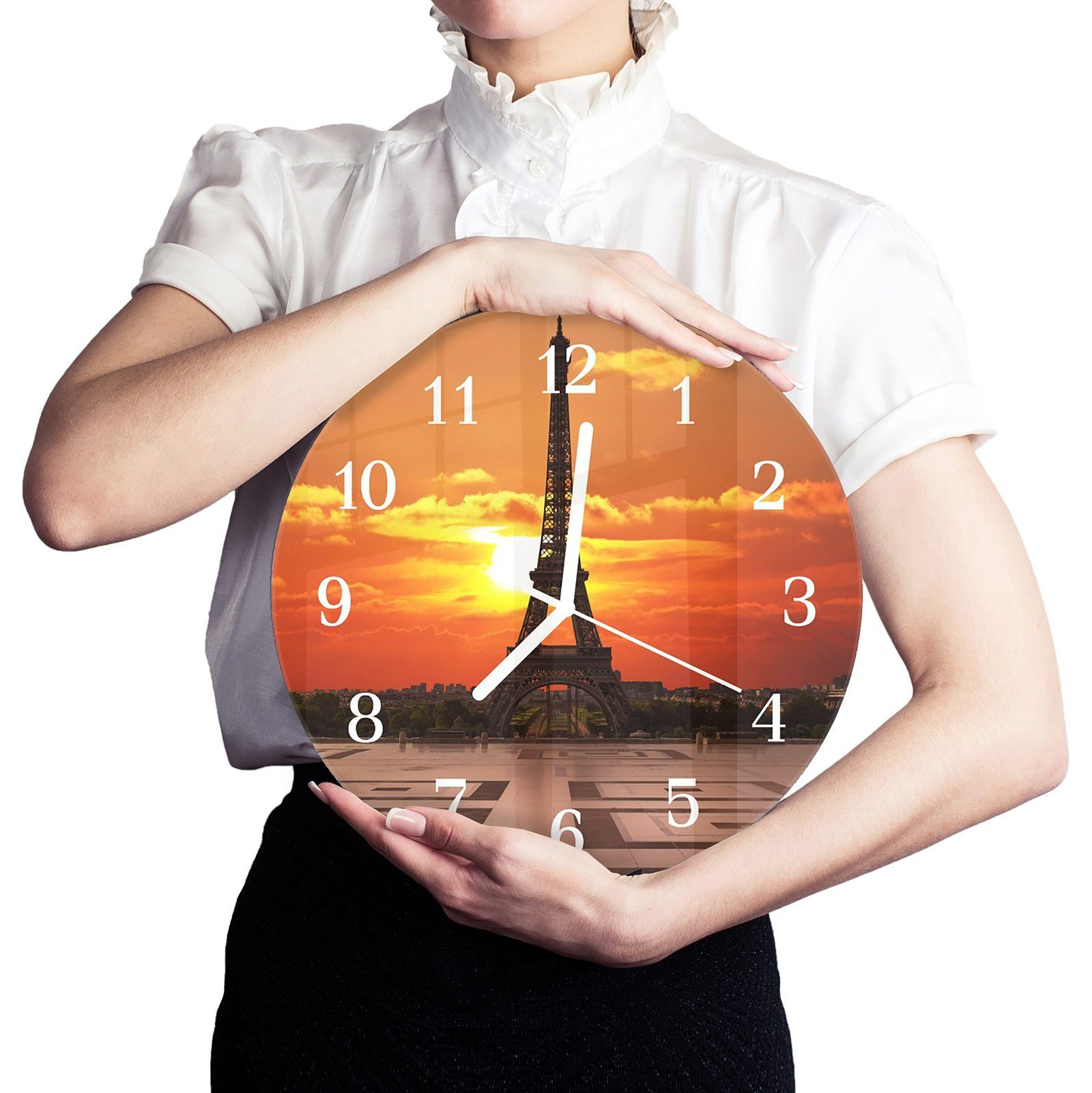 Primedeco Quarzuhrwerk aus Wanduhr mit im - 30 und Motiv cm Wanduhr Rund Eiffelturm Sonnenuntergang Glas Durchmesser mit