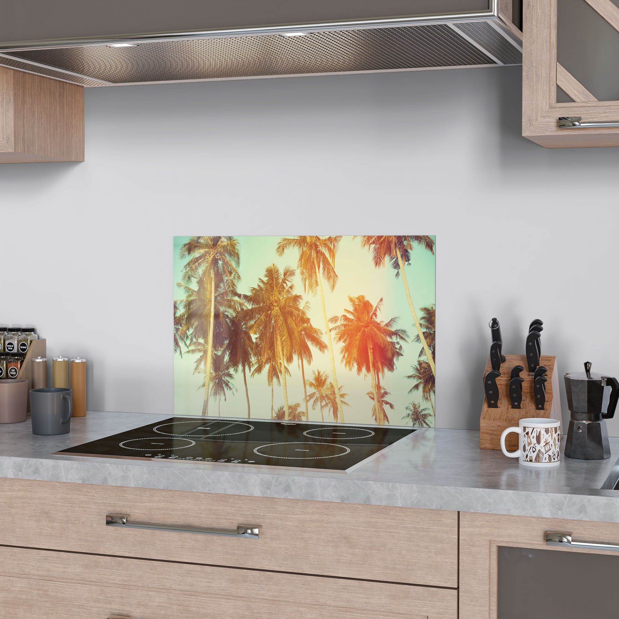 DEQORI Küchenrückwand 'Palmen mit Badrückwand Herdblende Glas Farbfilter', Spritzschutz