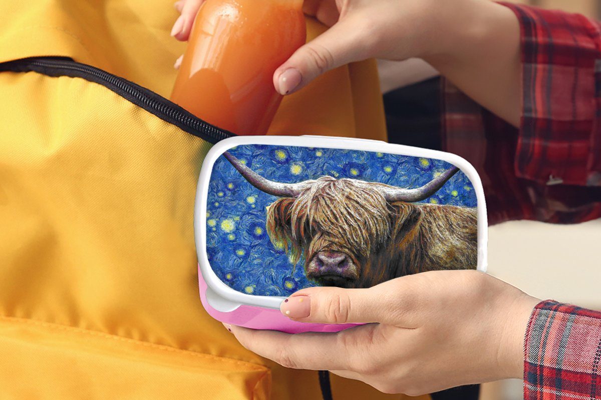 MuchoWow Lunchbox Scottish Highlander - Van Mädchen, Sternennacht rosa Snackbox, Gogh, (2-tlg), Kinder, - Kunststoff Kunststoff, Brotbox Erwachsene, für Brotdose