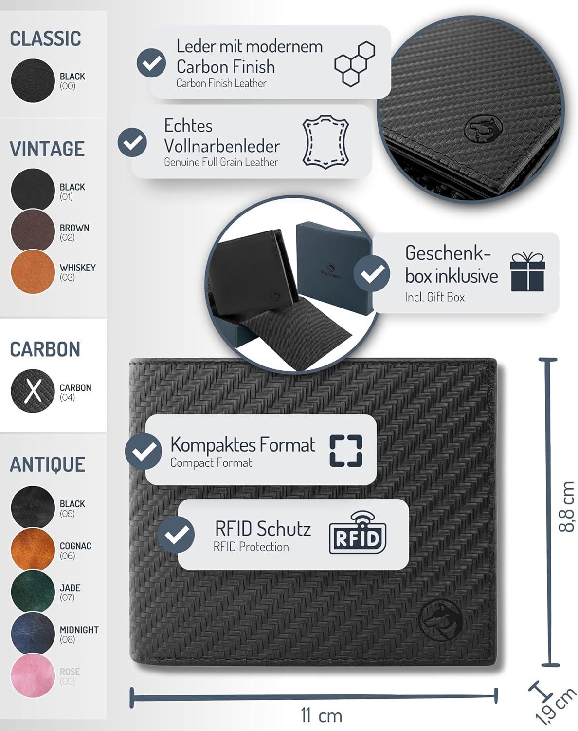 Wolfstrøm Geldbörse Herren Leder 'Nørge' – Tri-Fold Herren-Portemonnaie RFID-Blocker (NØRGE STANDARD: B-11 x T-1,9 x H-8,8 cm - Platz für 6 Karten & Scheine bis 100 €, Design in Germany, Made in Europe, Handmade / Handgefertigt), Vollnarbenleder, Handarbeit