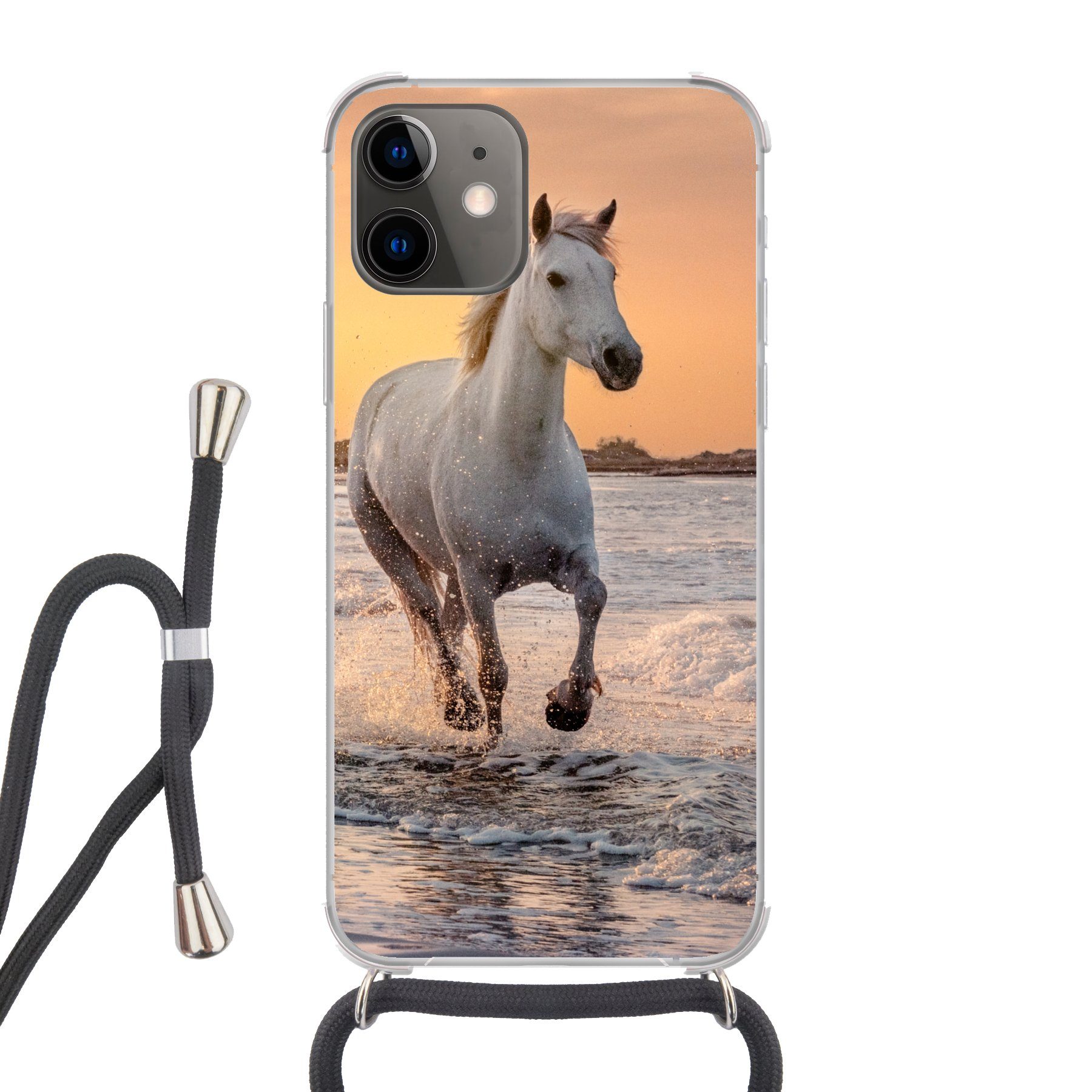 MuchoWow Handyhülle für Apple iPhone 11 Pferde - Sonne - Meer - Strand - Tiere, Tragbare Handyhüllen mit Kette zum umhängen, Handykette Handyband
