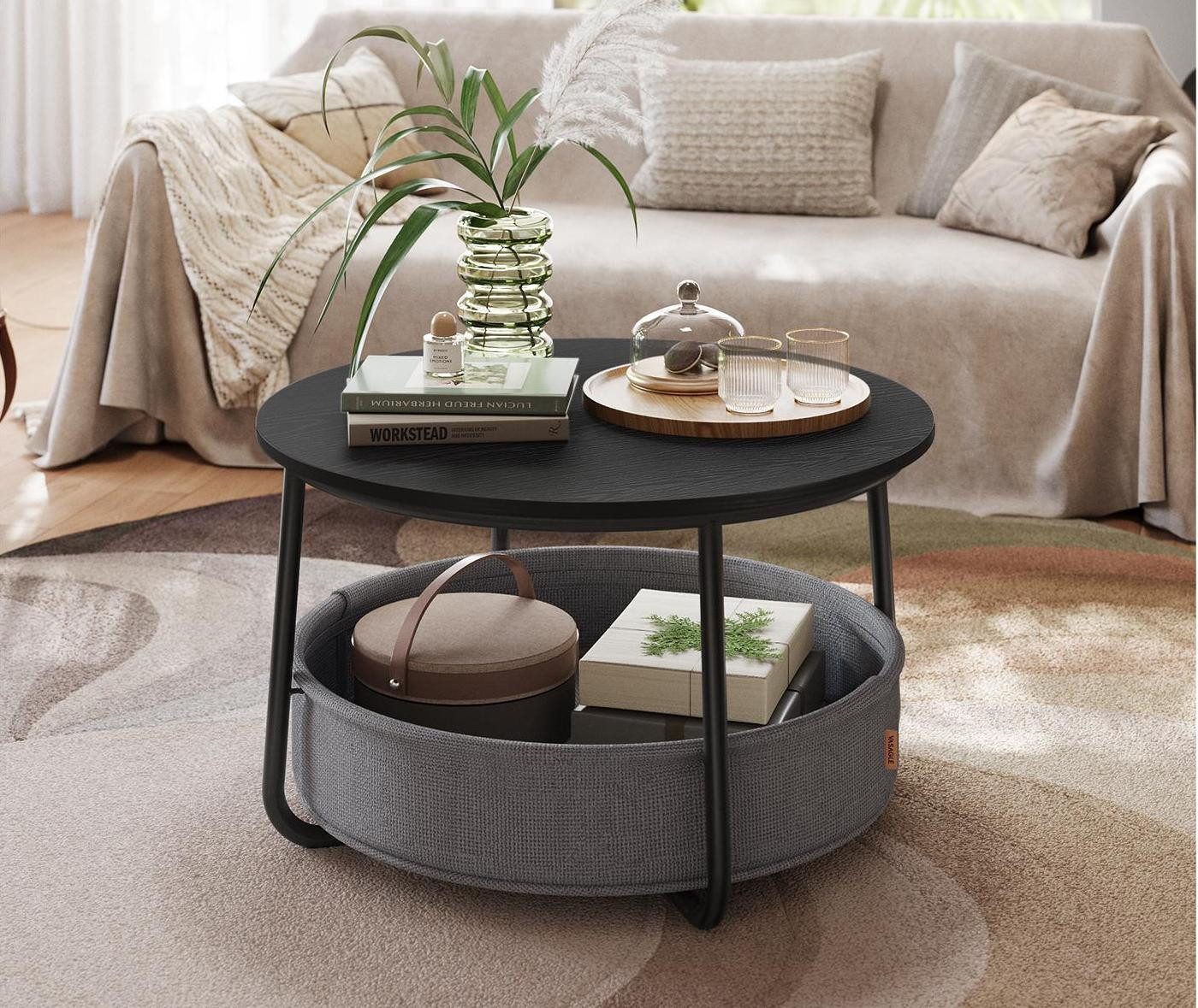 VASAGLE Couchtisch, Beistelltisch, rund Wohnzimmertisch mit Korb aus Stoff, günstig online kaufen
