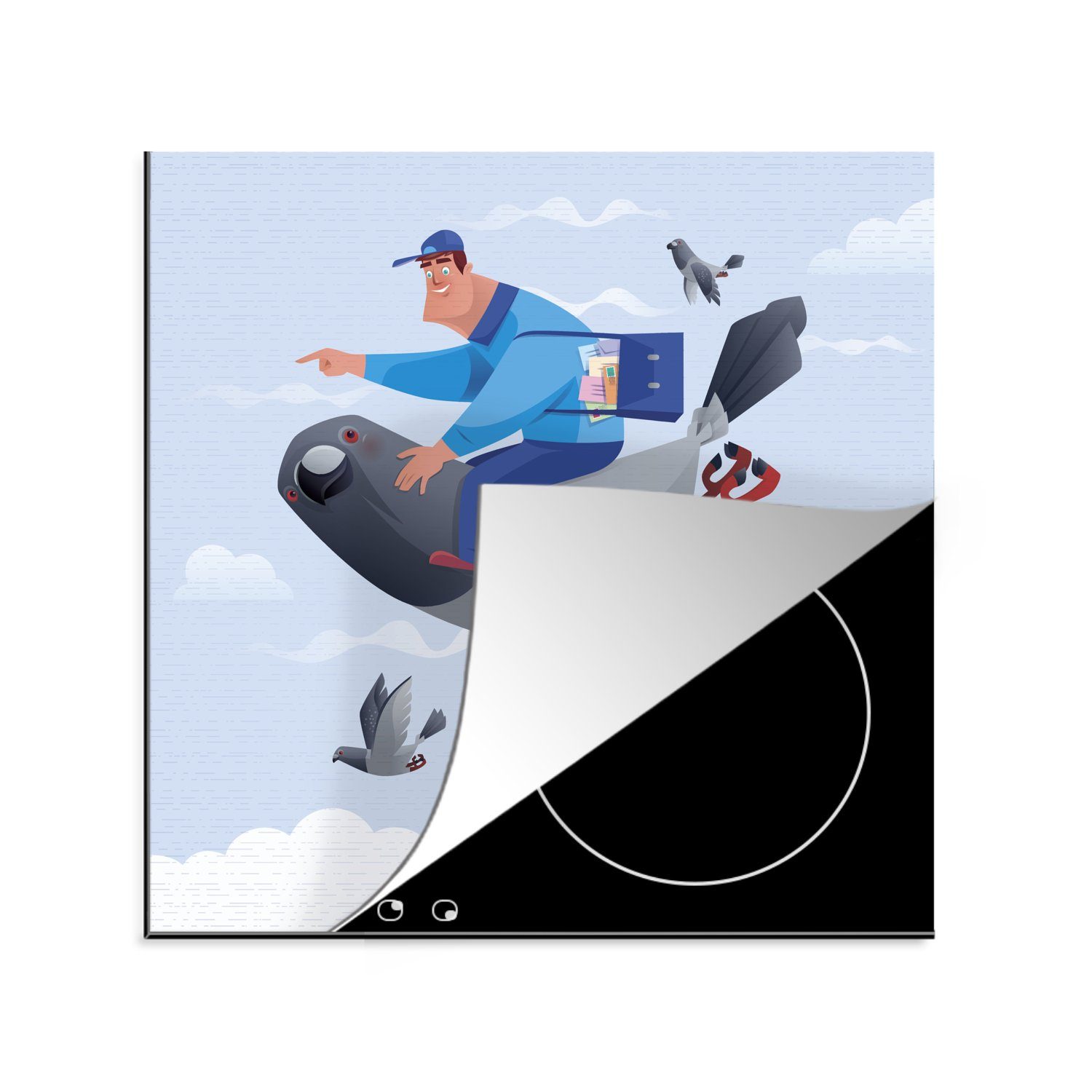 Taube, einer für fliegenden Ceranfeldabdeckung, (1 küche cm, Herdblende-/Abdeckplatte 78x78 eines tlg), Arbeitsplatte Postboten MuchoWow Illustration Vinyl, auf