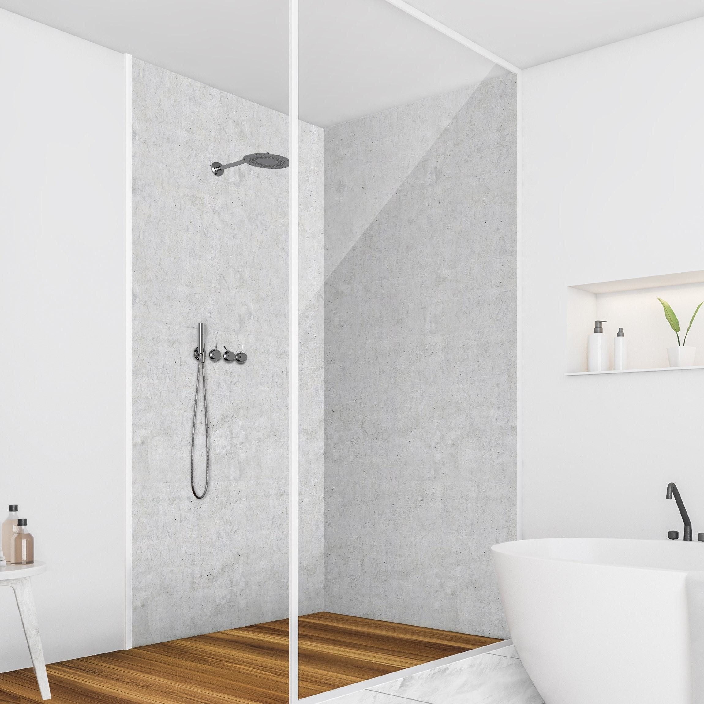 Bilderdepot24 Duschrückwand Betonoptik grau Duschrückwand ohne Bohren Steinoptik, (2-tlg., 0,61 mm starke Folie selbstklebend Wandpaneele Dusche versch. Größen), fugenlose & wasserfeste Motiv Rückwand Wandverkleidung für Duschkabine
