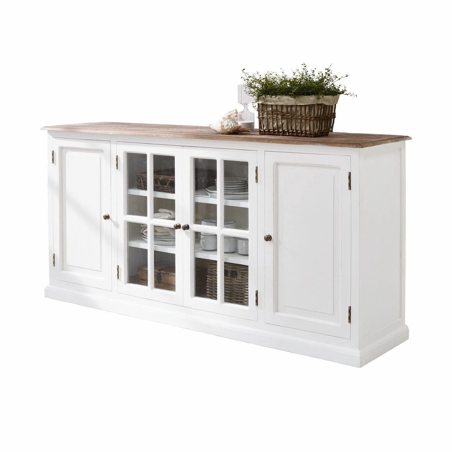 Mirabeau Kommode stilvolles Sideboard Kostan aus Mangoholz im Landhausstil weiß (charmante Details, Glastüren & Ablageböden), Wohnzimmerschrank, B 175cm, H 85cm, T 45cm