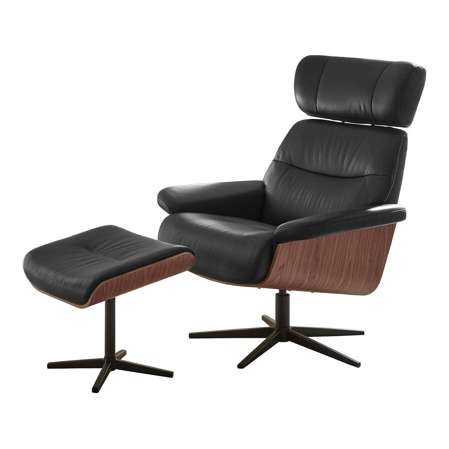 Relaxsessel MANILA, Schwarz, Walnuss Dekor, Lederbezug, Metallgestell, inkl. Hocker, Drehbar, Relaxfunktion