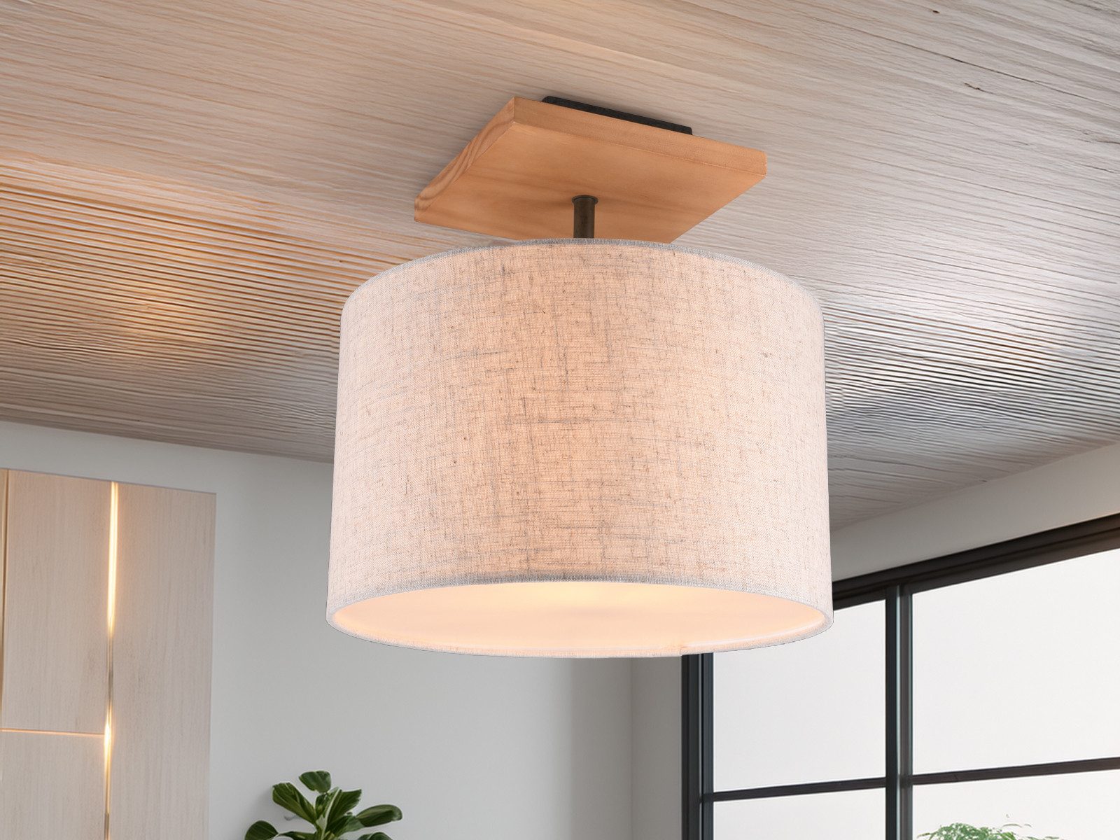 TRIO Leuchten LED Deckenleuchte, Mitgeliefertes Leuchtmittel ist extern über Hausinstallation dimmbar, LED wechselbar, Warmweiß, Holz-lampe Lampenschirme Stoff-lampe rund über-n Esstisch Beige, Ø35cm