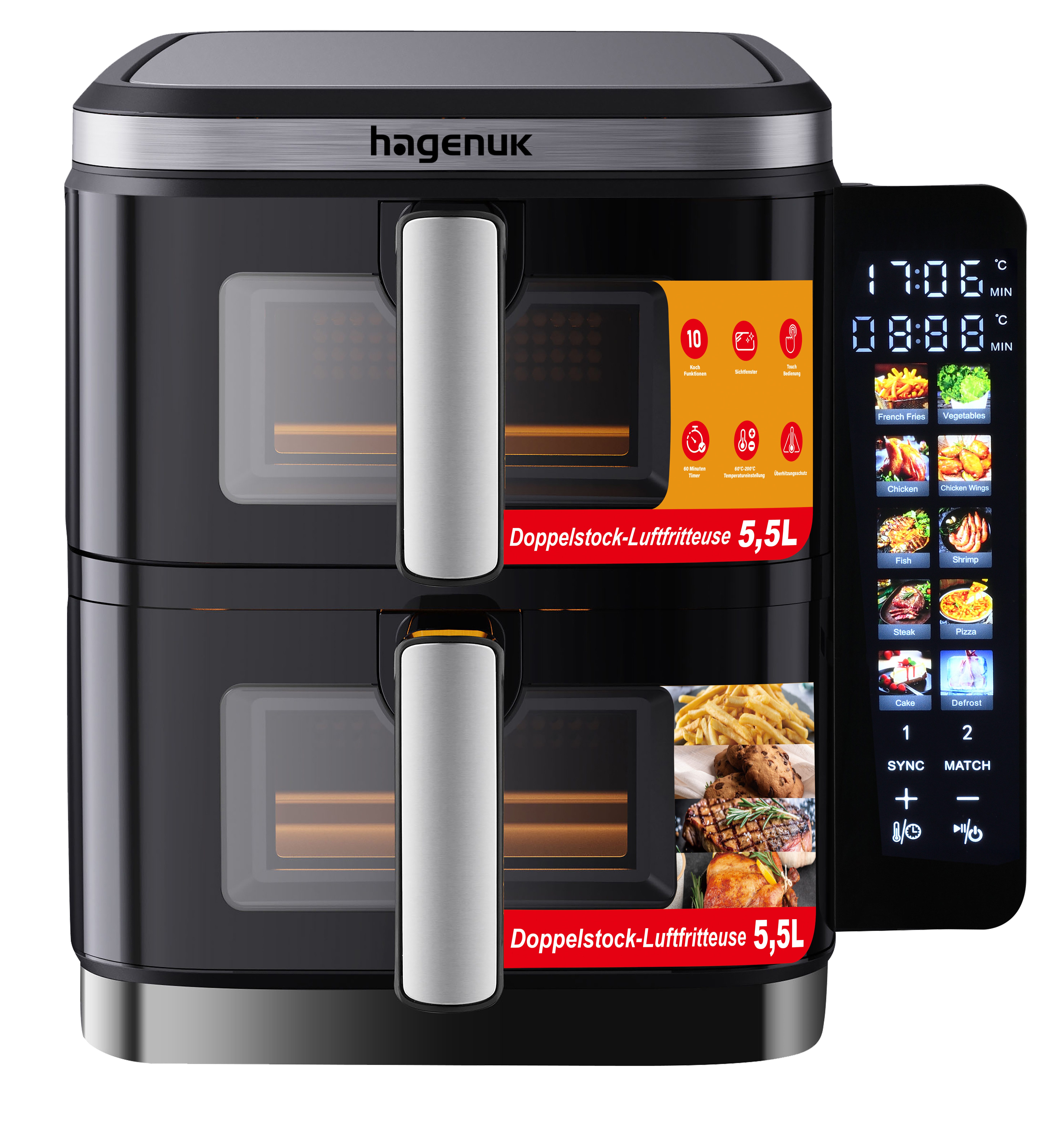 Hagenuk Heißluftfritteuse Doppelkammer, 12 Liter DUAL ZONE, Sichtfenster, mit Beleuchtung, 2800 W, Digitales Farbdisplay, 10 voreingestellte Programme, Synchro-Funktion