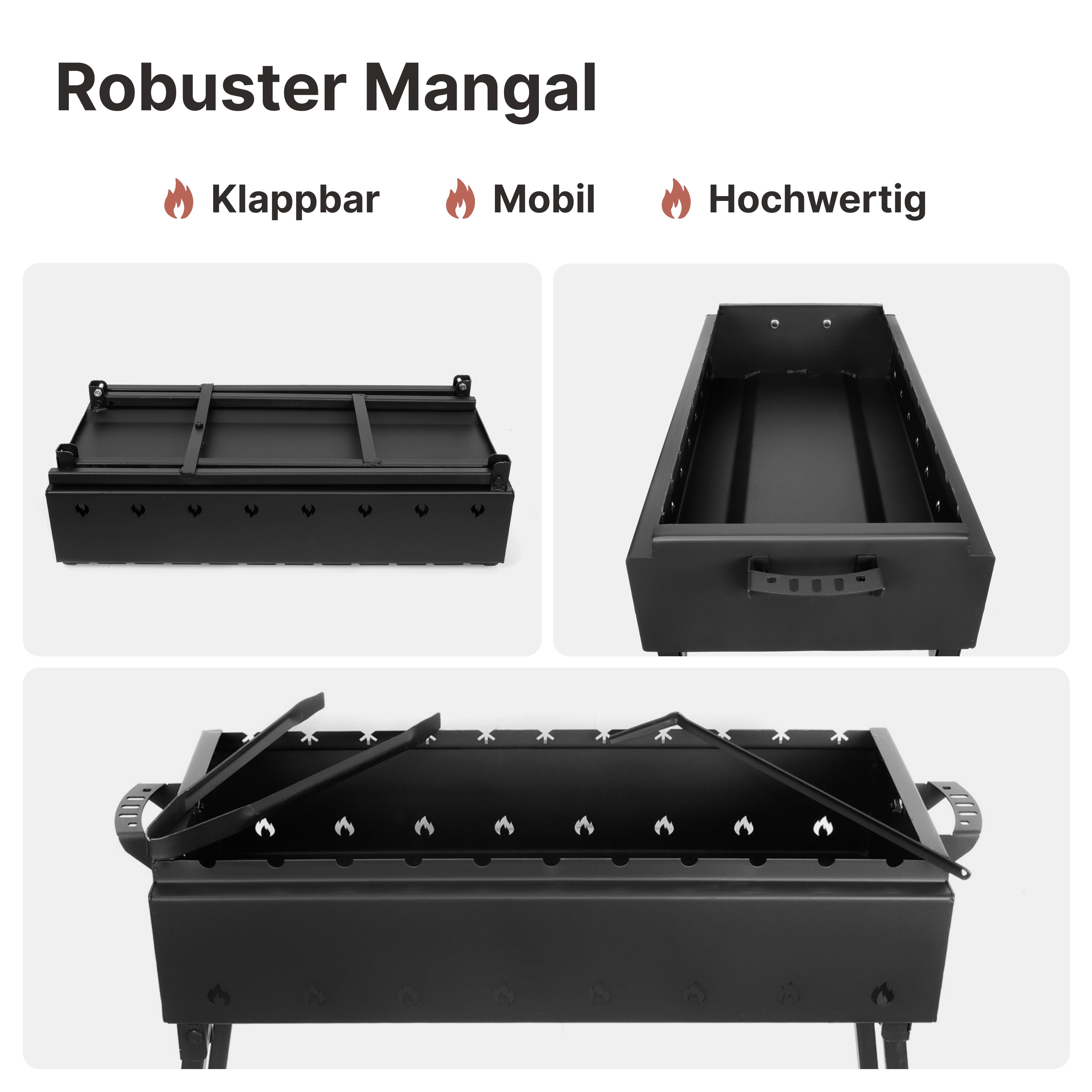 4BIG.fun Holzkohlegrill Mangal Holzkohlegrill 60x33 cm 2mm Stahl klappbar für 9 Spieße BBQ, Schaschlikgrill Garten Terrasse Outdoor, Standgrill Schaschlik Gartengrill, Klappgrill Campinggrill Kompakt Robust