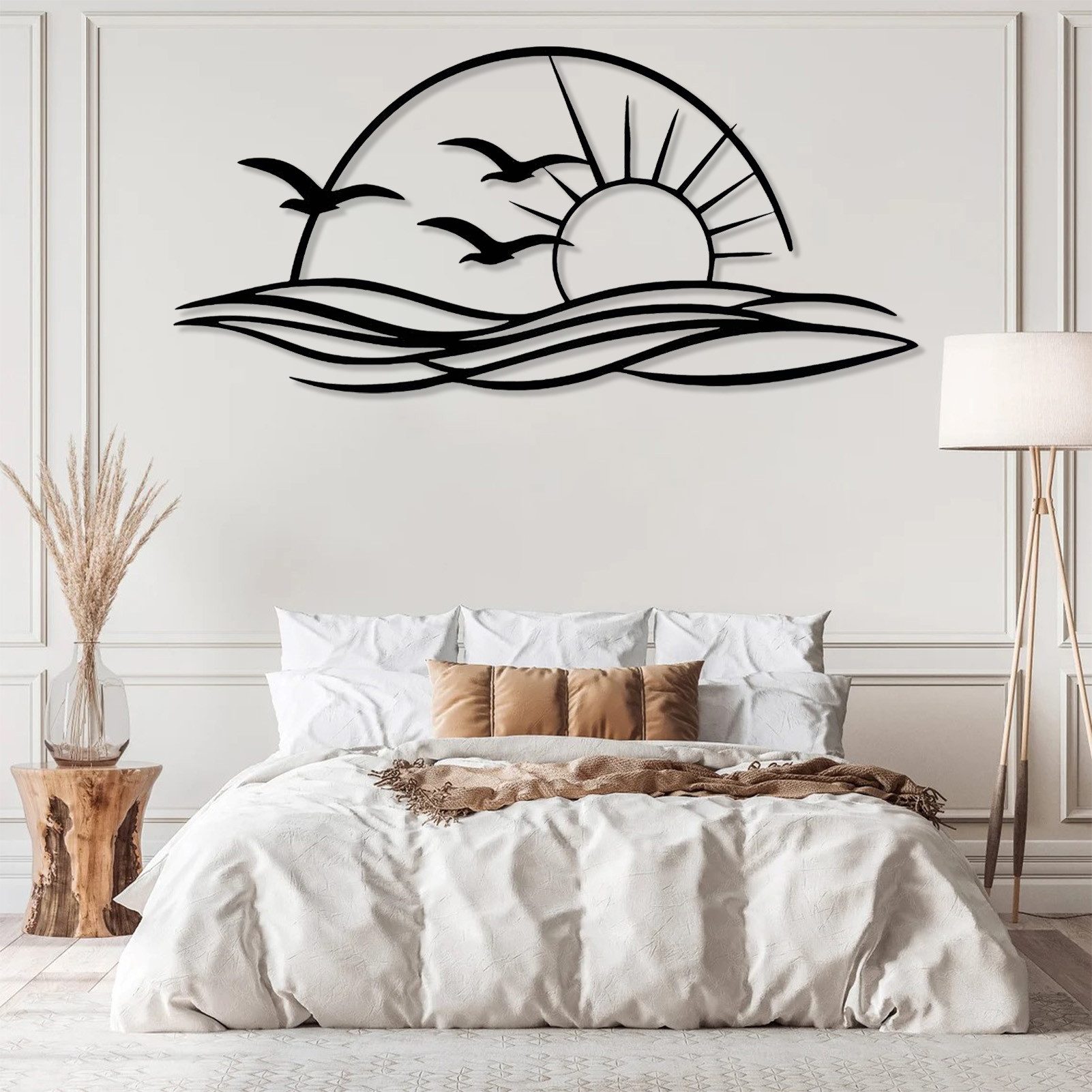 Jumpeak Wanddekoobjekt Wanddeko mit Sonnen und Möwen,Sonnenuntergang,Meereswellen,Strichkunst, Metall,4 Farbe,5 Maße,Strandhorizont,Tropischer,Minimalistischer – Bild 4 von 5
