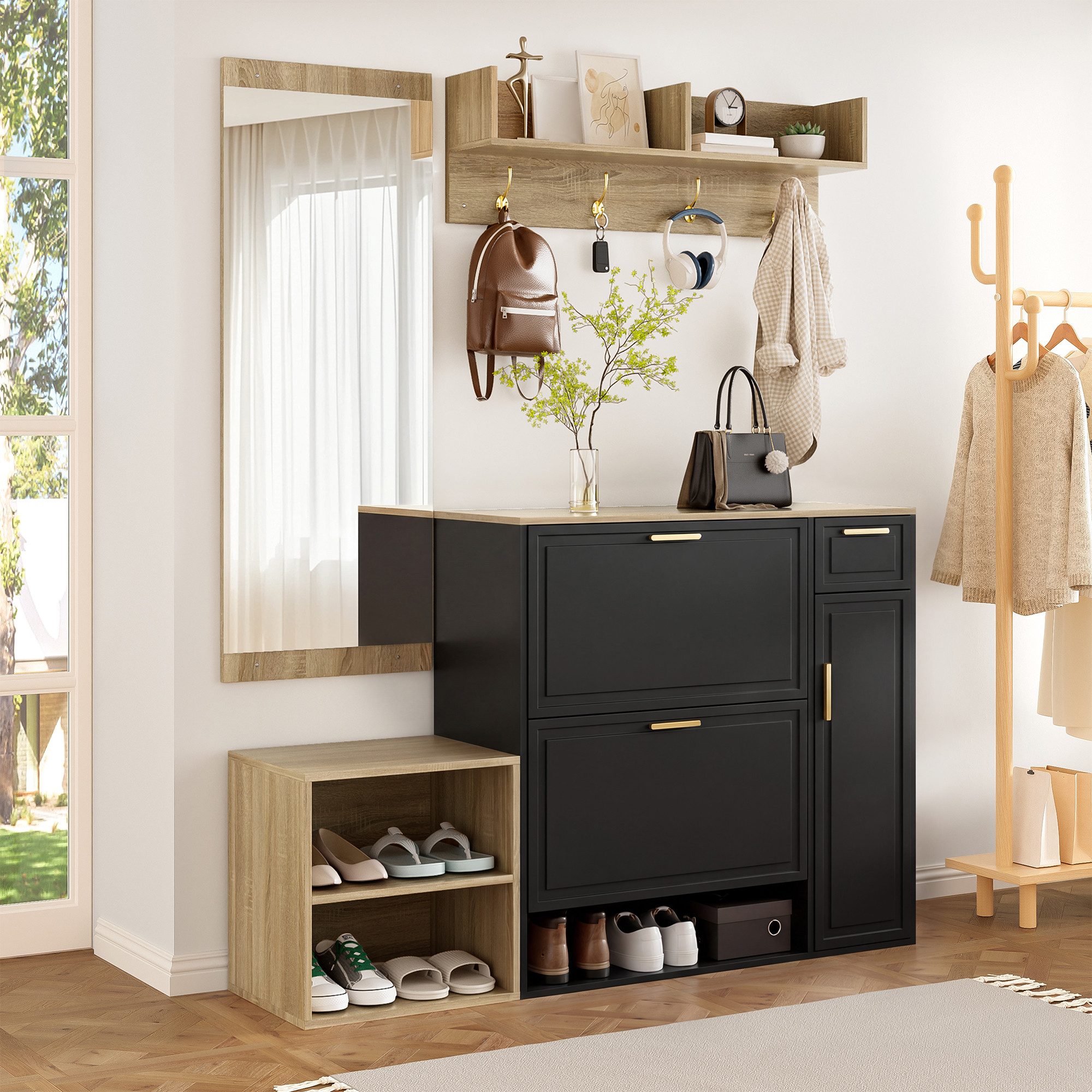 OKWISH Garderoben-Set komplettes Flurmöbel-Set, (mit Schuhschrank, Sitzbank, Wandgarderobe & Spiegel, Flurmöbel-Set für Eingangsbereich und Diele, 1-St., B139.5/D35/H166 cm)