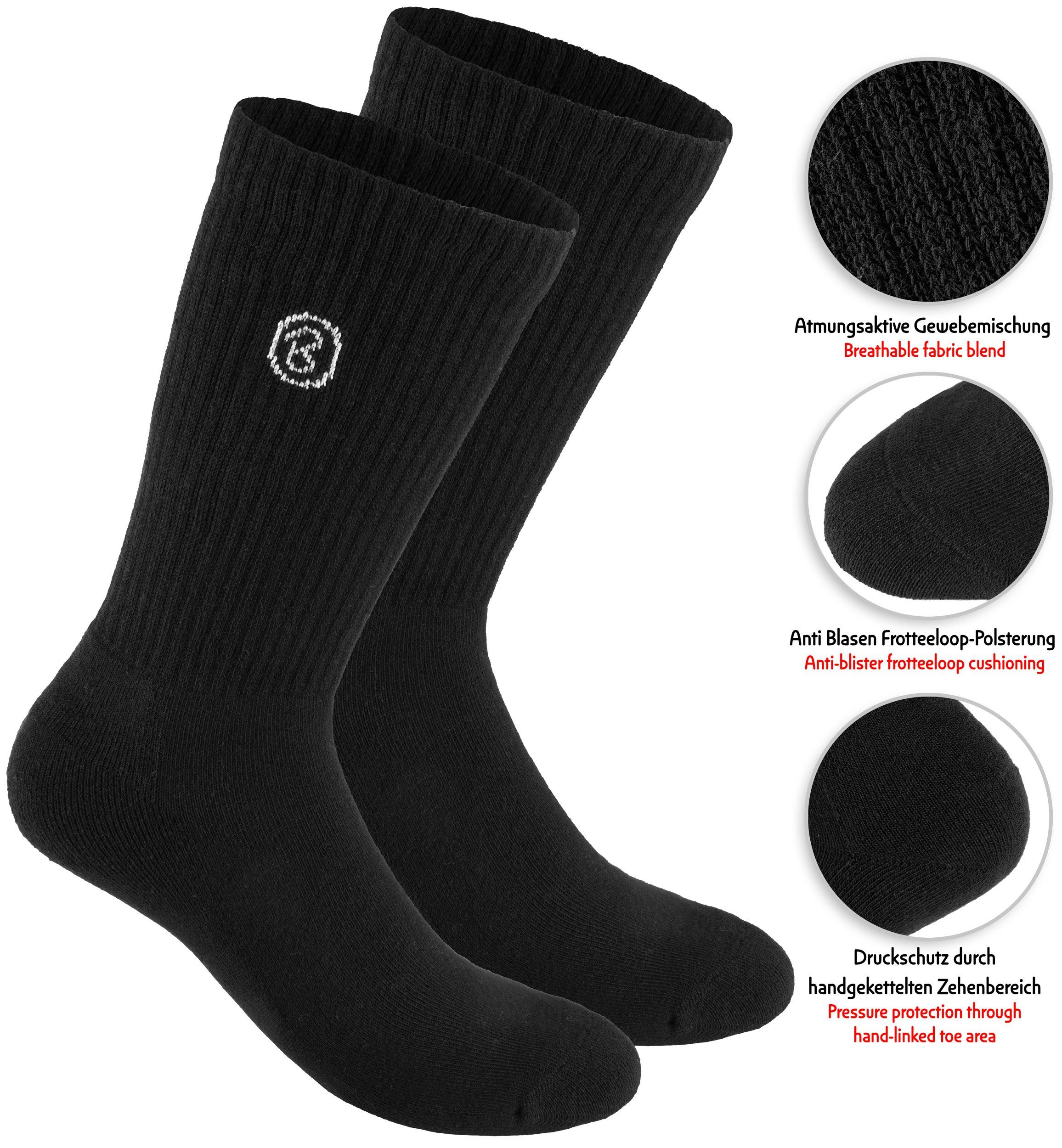 BRUBAKER Tennissocken Lange Socken Unisex Polyester Schwarz - Crew Fitness - und für Socks Sportsocken Paar) Baumwollsocken 6 Herren Baumwolle aus und Damen (Set