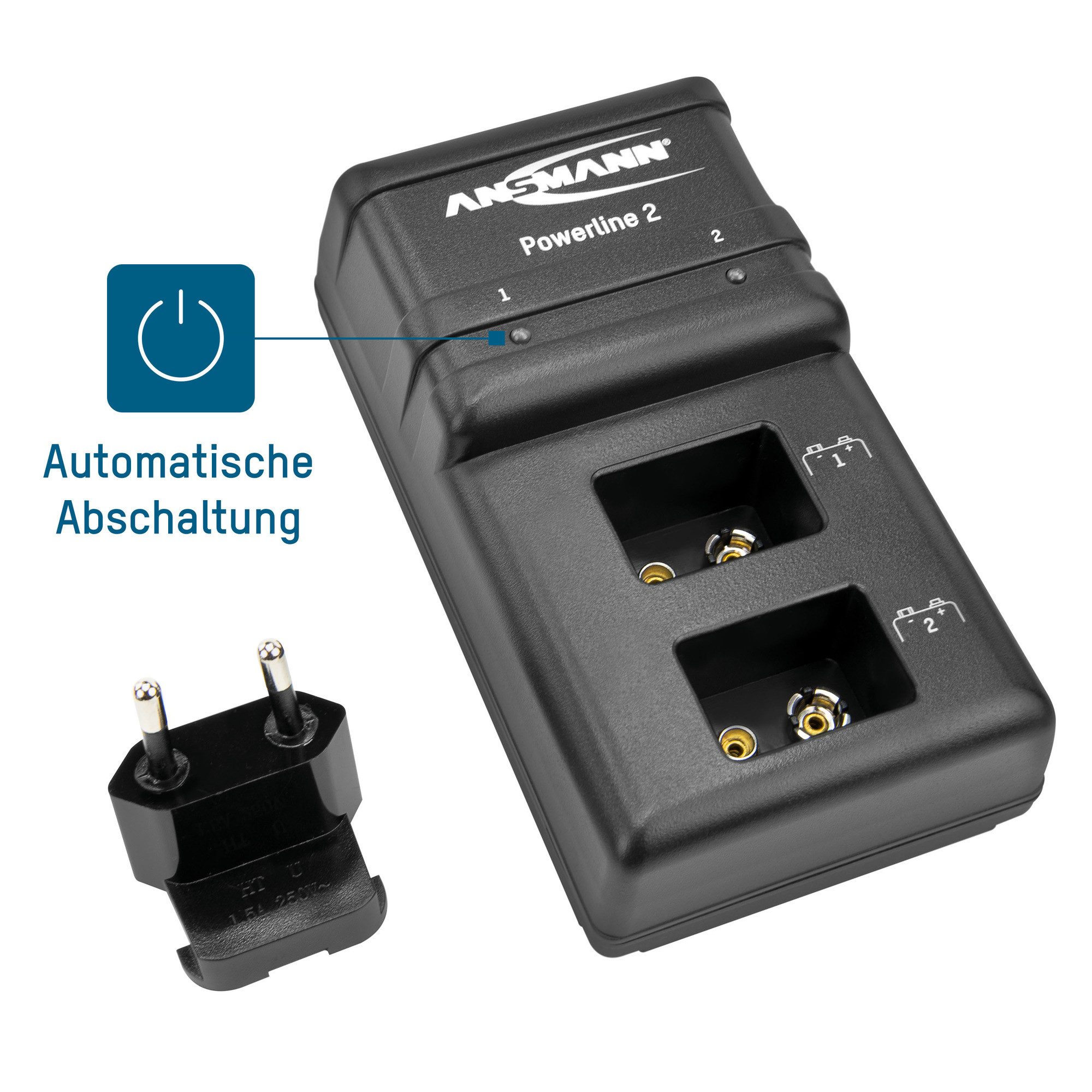 ANSMANN AG Akku Ladegerät für 1-2 NiMH 9V E-Block Akkus – Vollautomatisch Universal-Ladegerät