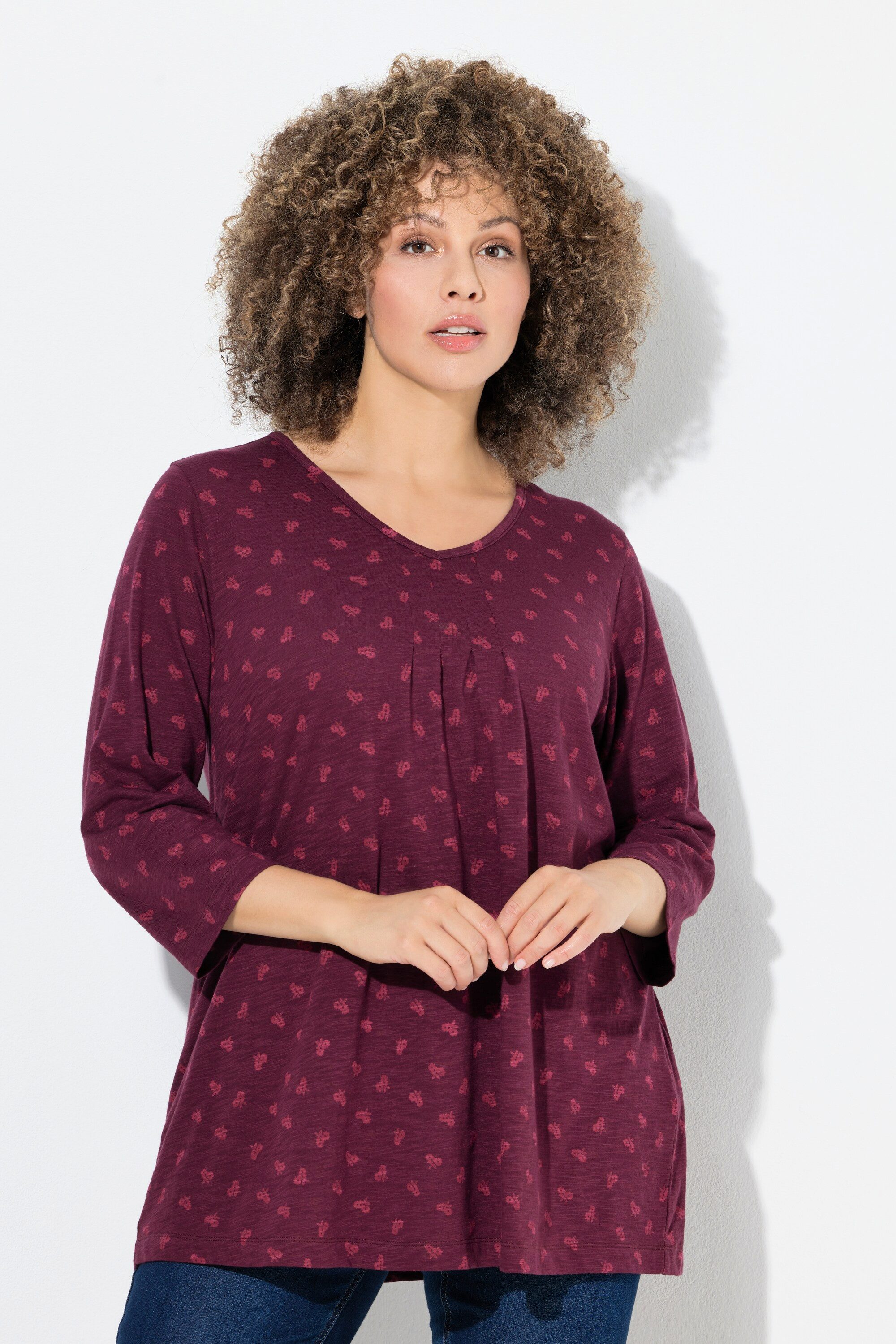 Ulla Popken T-Shirt Shirt Blüten A-Linie V-Ausschnitt 3/4-Arm