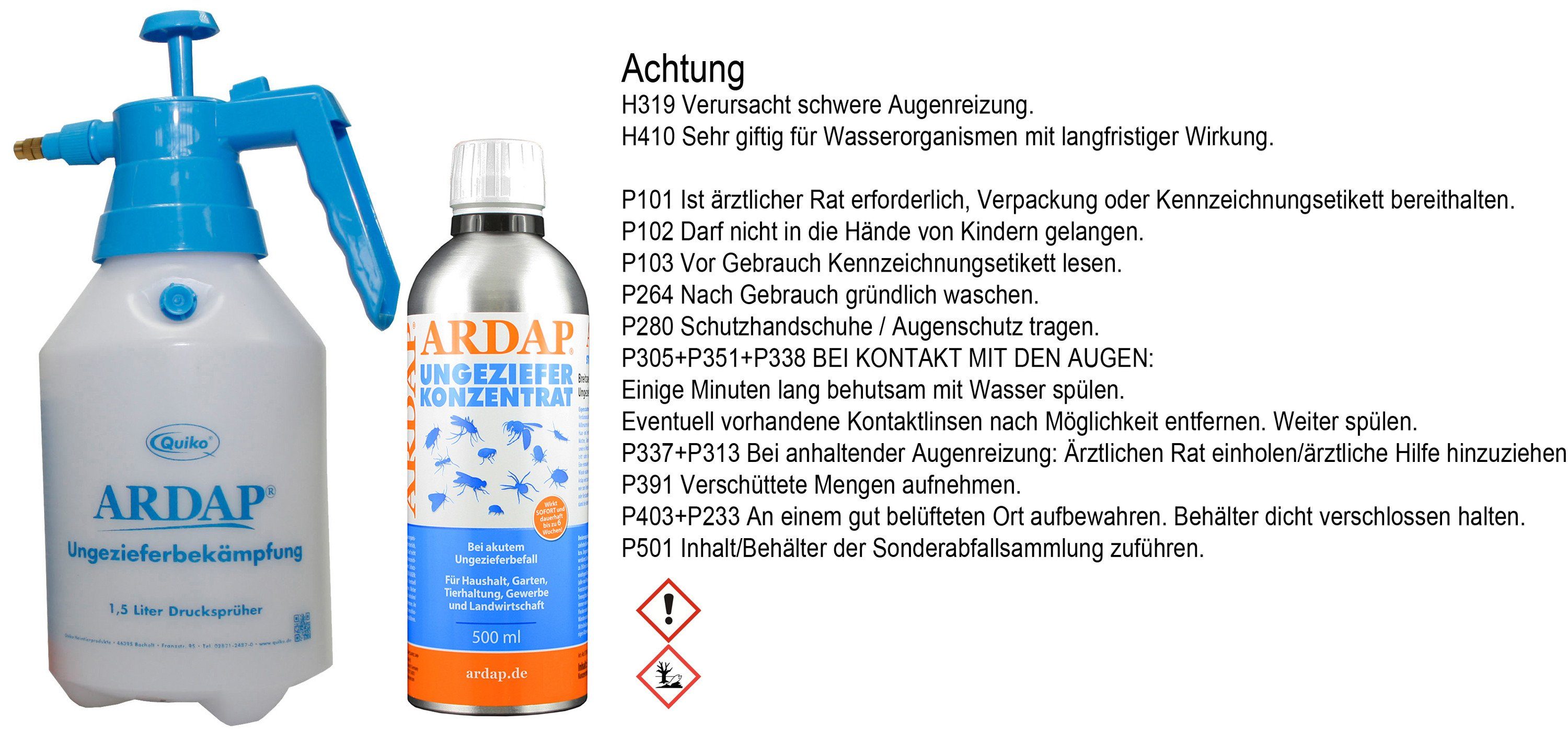 Ardap Insektenspray Ardap Konzentrat 500ml incl. Ardap 1,5L Drucksprüher  für das Konzentrat