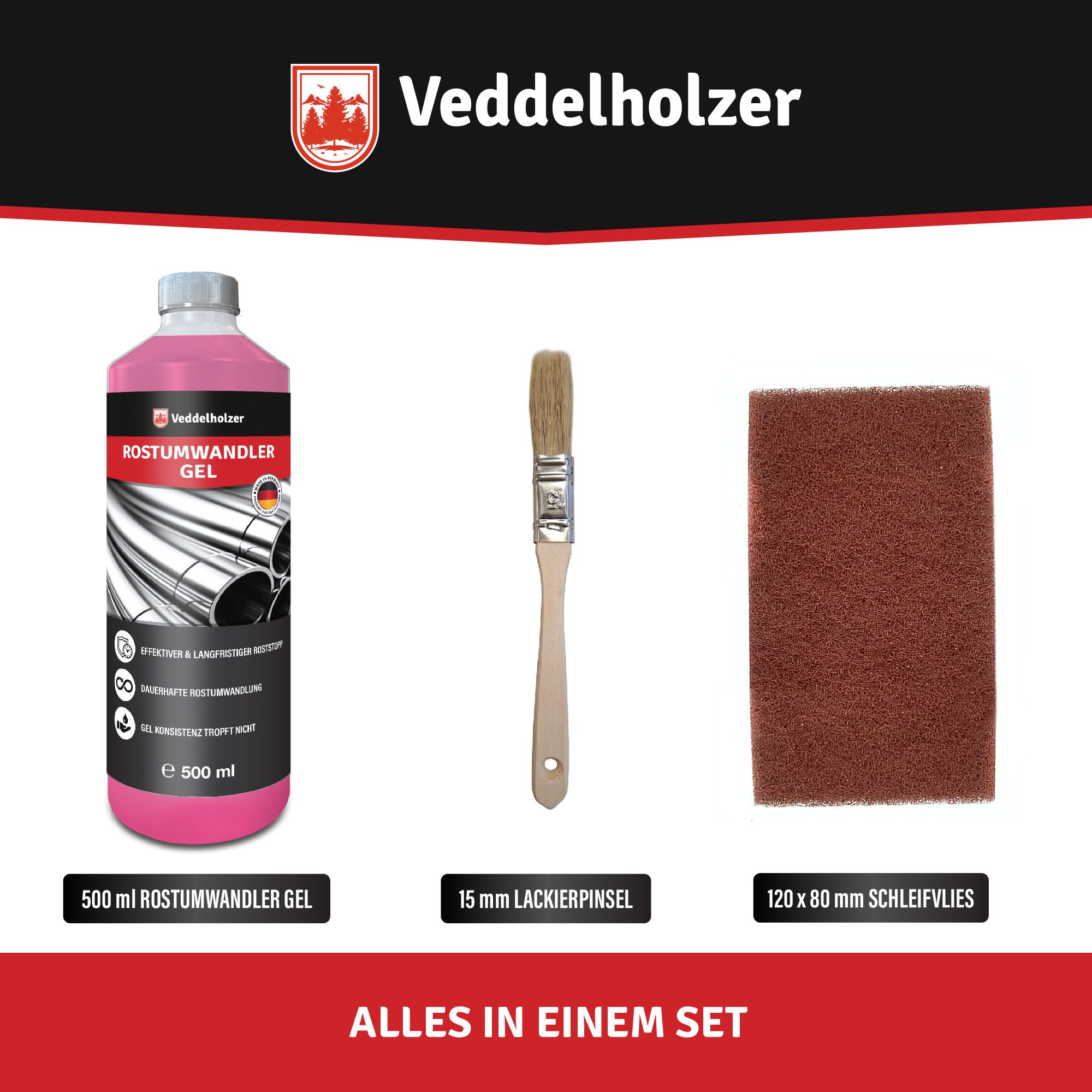 Veddelholzer Premium 500 ml Rostumwandler Gel Set inkl. Schleifvlies & Pinsel Rostentferner (Rostschreck, Rostschutz, Rostentferner für Metall, Auto, Motorrad, Fahrrad UVM. Effektiver Sofortschutz gegen Rost, [- 500ml Premium Gel)