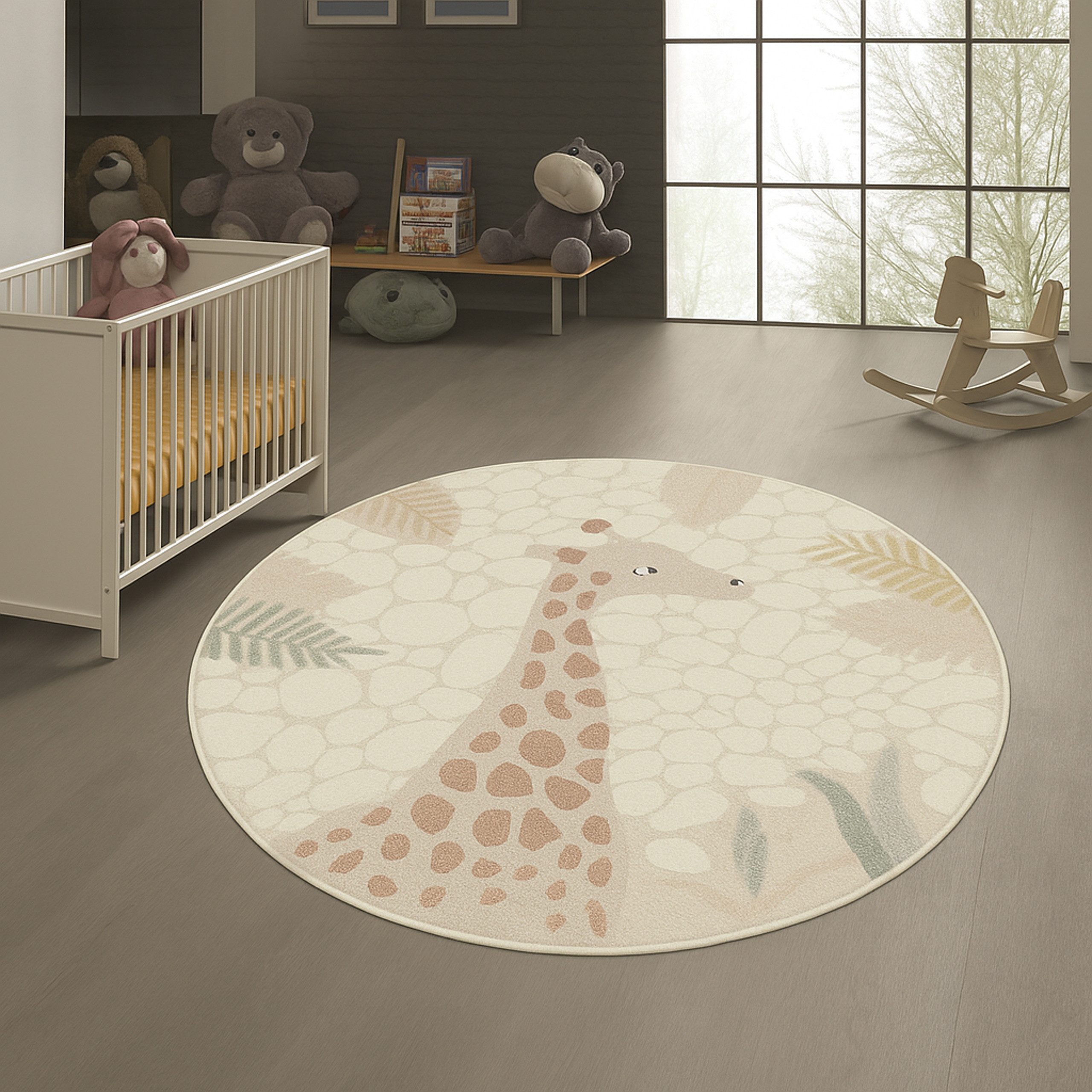 TeppichHome24 Kinderteppich Kinderzimmer Spielezimmer Teppich mit Giraffen Abbild in creme beige, rund
