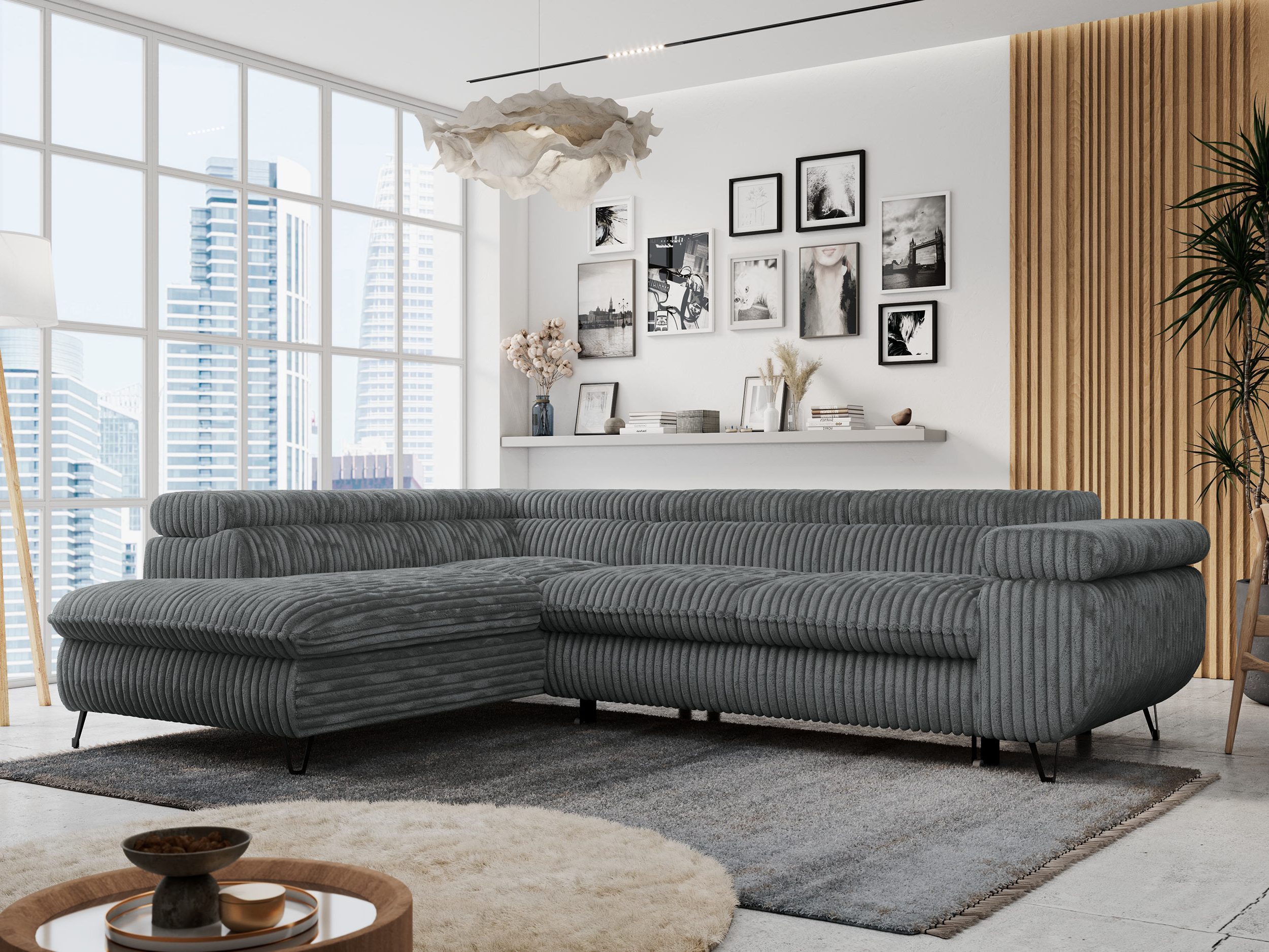 MKS MÖBEL Ecksofa PETER L, Set, Ecksofa L-form, HR35-Schaum, Wellenfederkern, Bettfunktion, Einstellbare Kopfstützen, Bettkasten